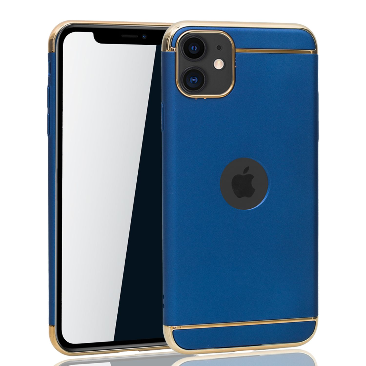 Eine blaue Handyhülle mit goldenen Zierleisten, die ein Handy mit weißem Bildschirm hält.