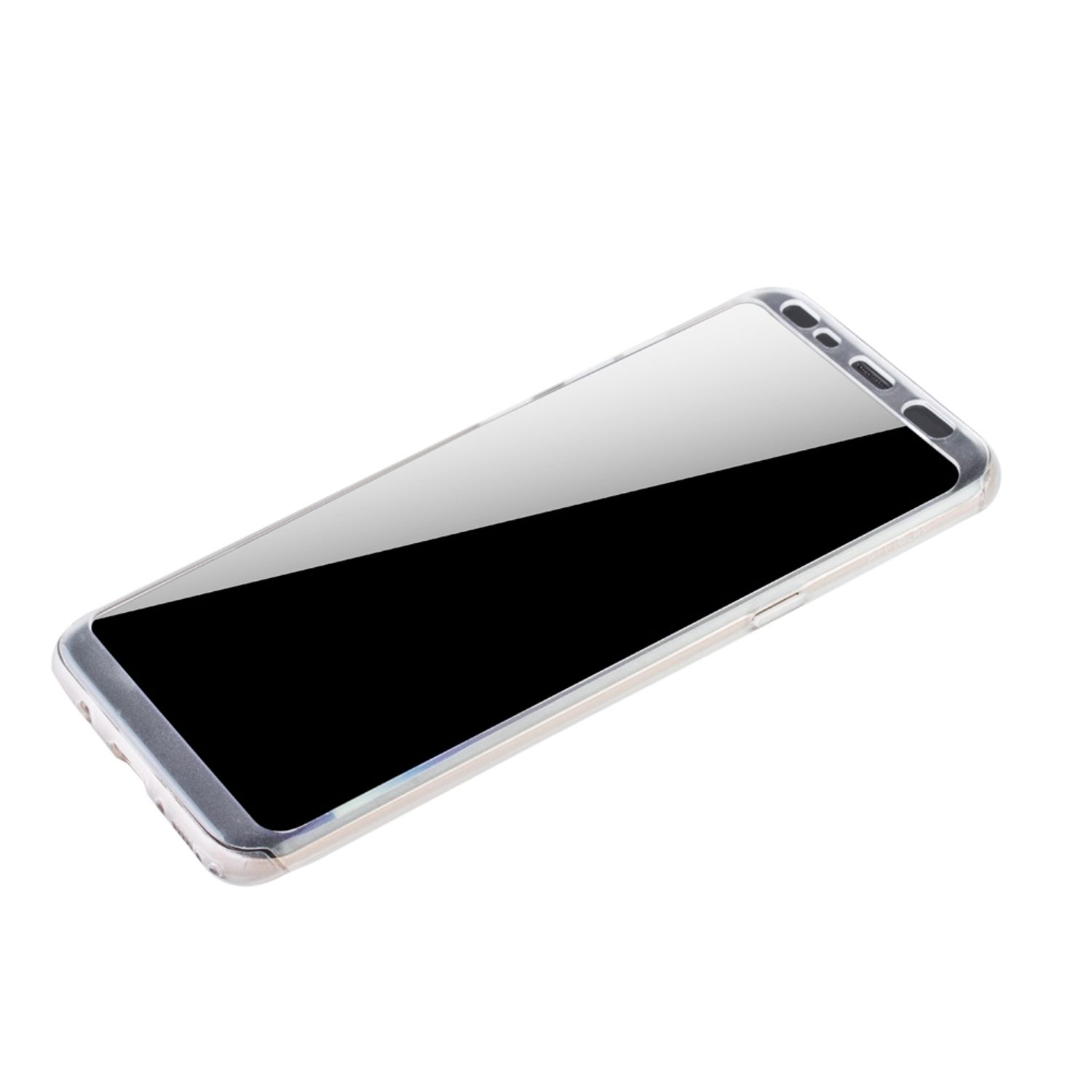 Abgewinkelte Handyhülle mit schwarzem Bildschirm. Die Hülle ist silberfarben mit reflektierender Oberfläche. Weißer Hintergrund.