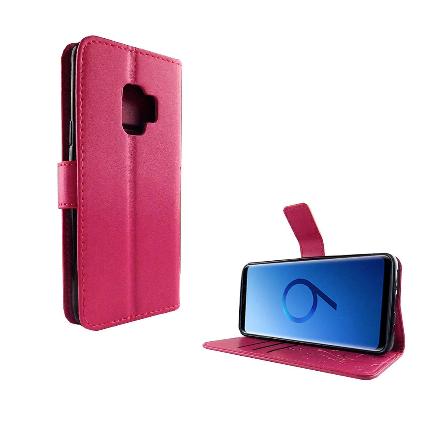 Pinke Handyhülle, offen und geschlossen, mit einem Telefon darin. Telefon zeigt eine 9.