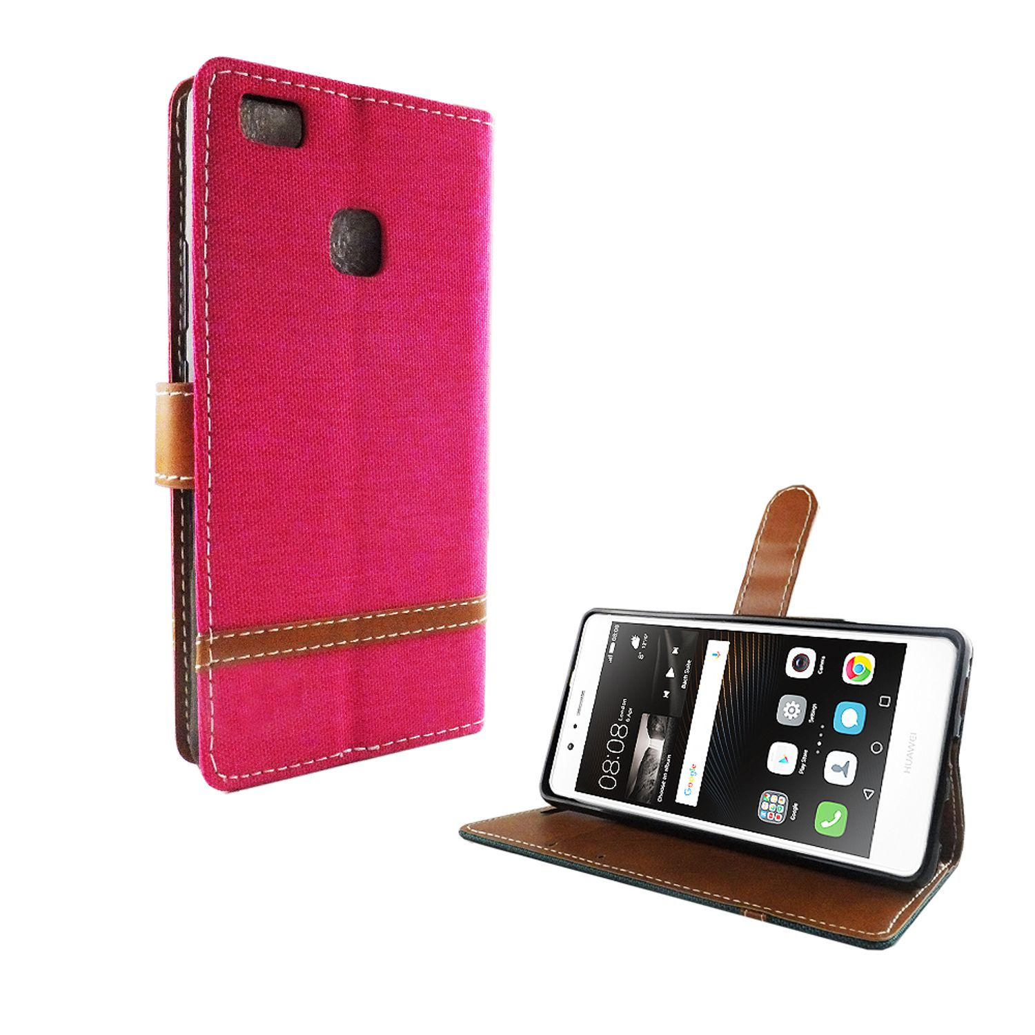 Eine rosa Handyhülle ist geöffnet und zeigt ein Telefon. Die Hülle hat braune Streifen und Nähte.