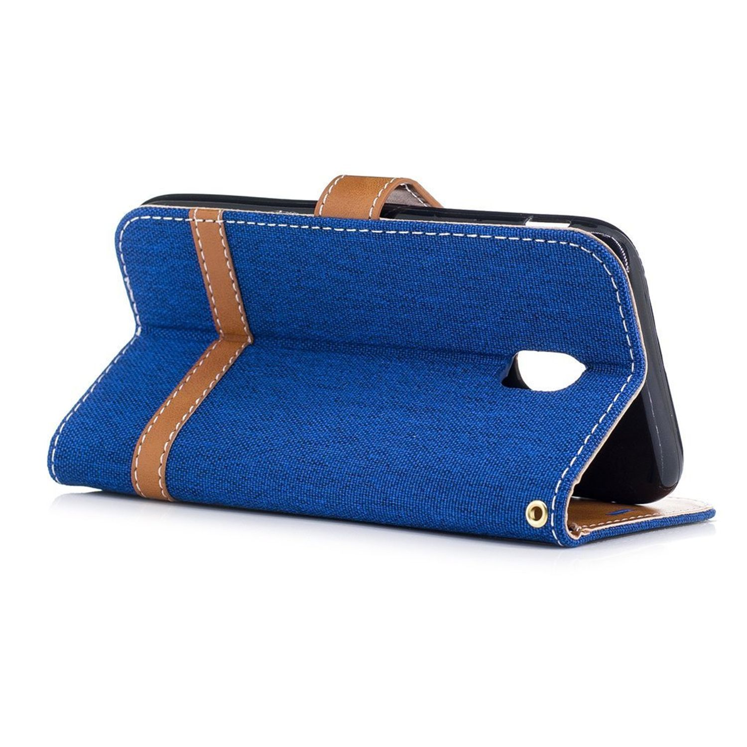 Blaue Handyhülle mit brauner Verkleidung, geöffnet. Weiße Nahtdetails und ein Magnetverschluss.