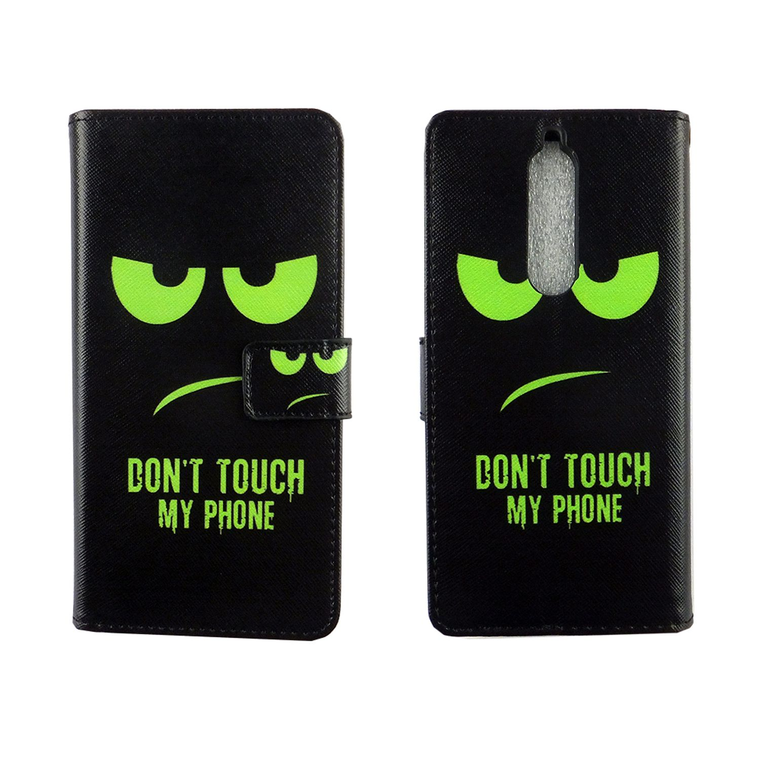 Zwei schwarze Handyhüllen mit dem Text 'DON'T TOUCH MY PHONE' und wütenden grünen Augen.