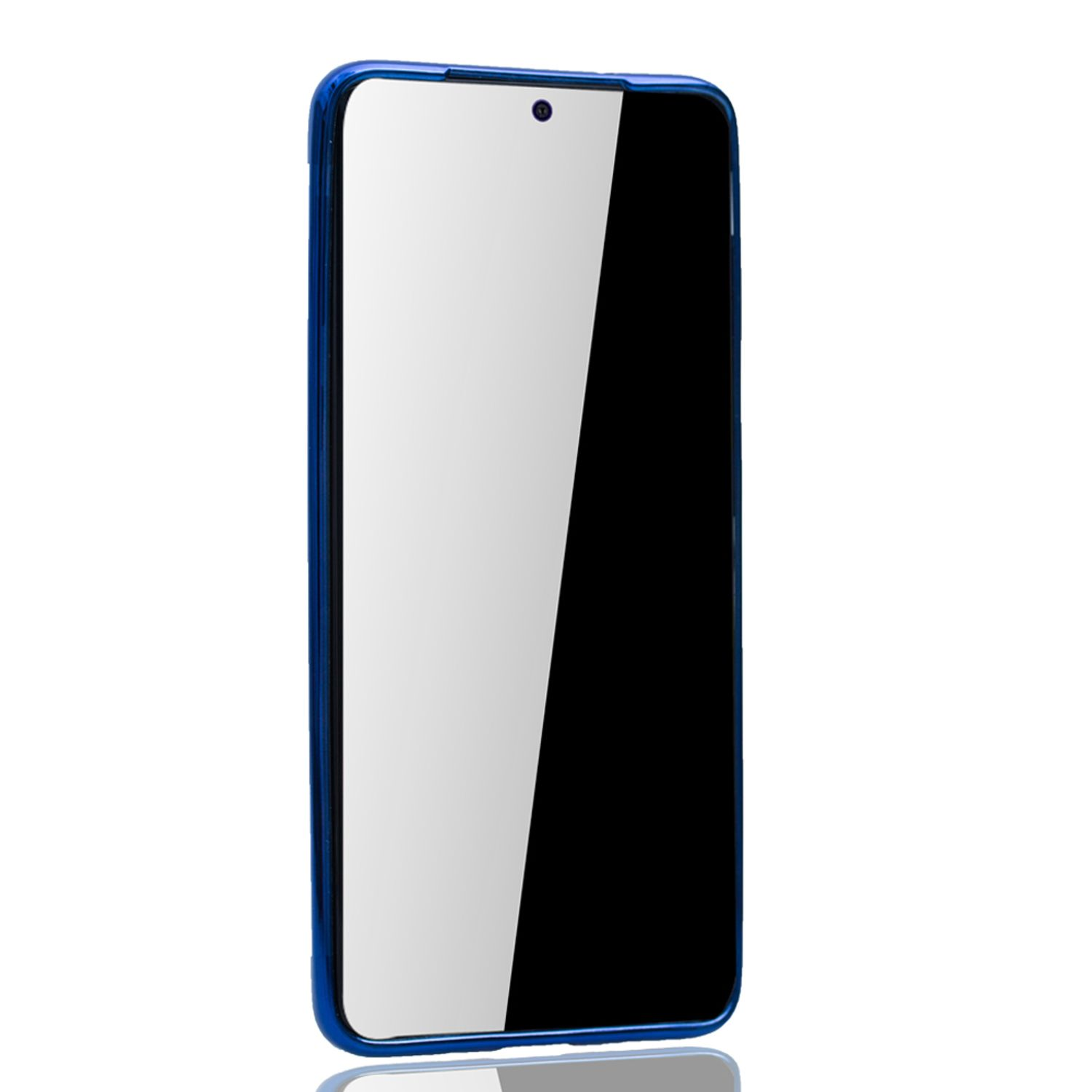 Ein blau gerahmtes Smartphone mit schwarzem Bildschirm. Das Telefon wird aufrecht vor weißem Hintergrund gehalten.