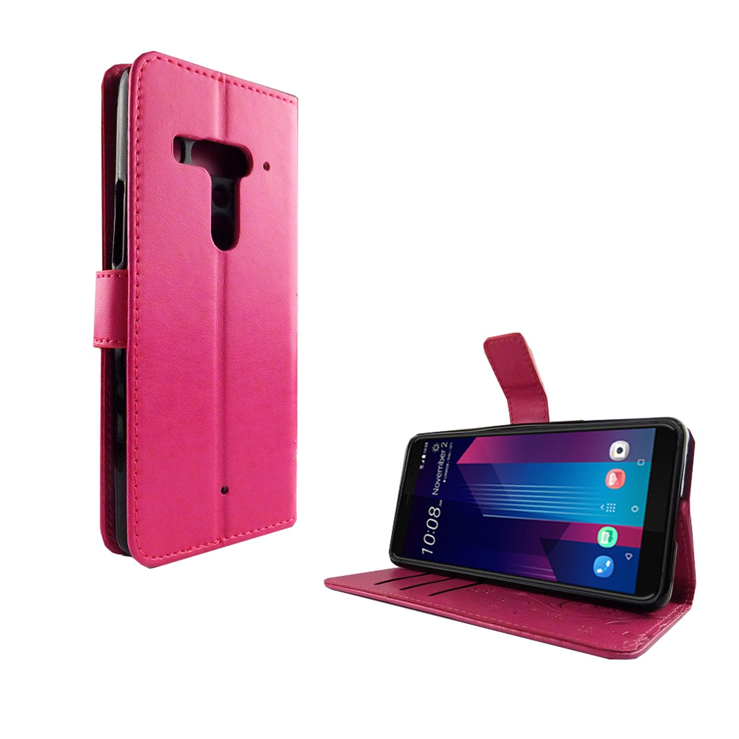 Rosa Handyhülle mit einem Telefon. Der Koffer ist offen. Weißer Hintergrund.