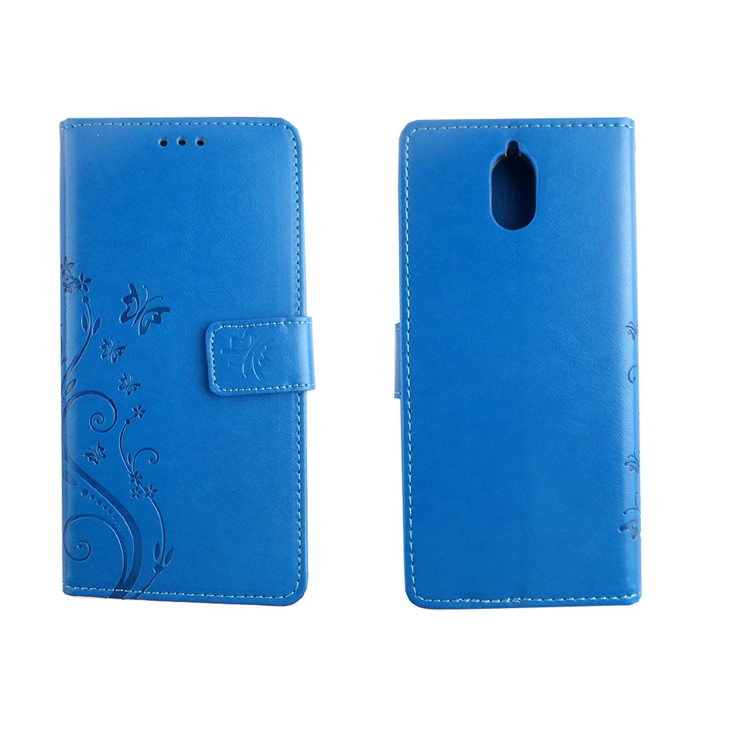Blaue Handyhülle mit floralem Design und Verschluss. Weißer Hintergrund.
