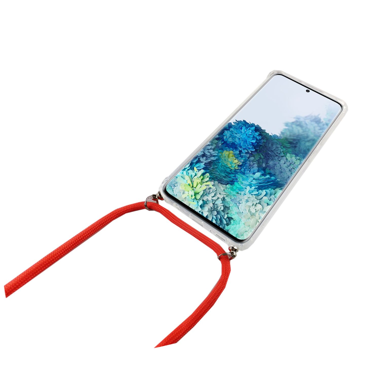 Telefon mit roter Kordel. Weißer Hintergrund. Telefon in einer transparenten Hülle.
