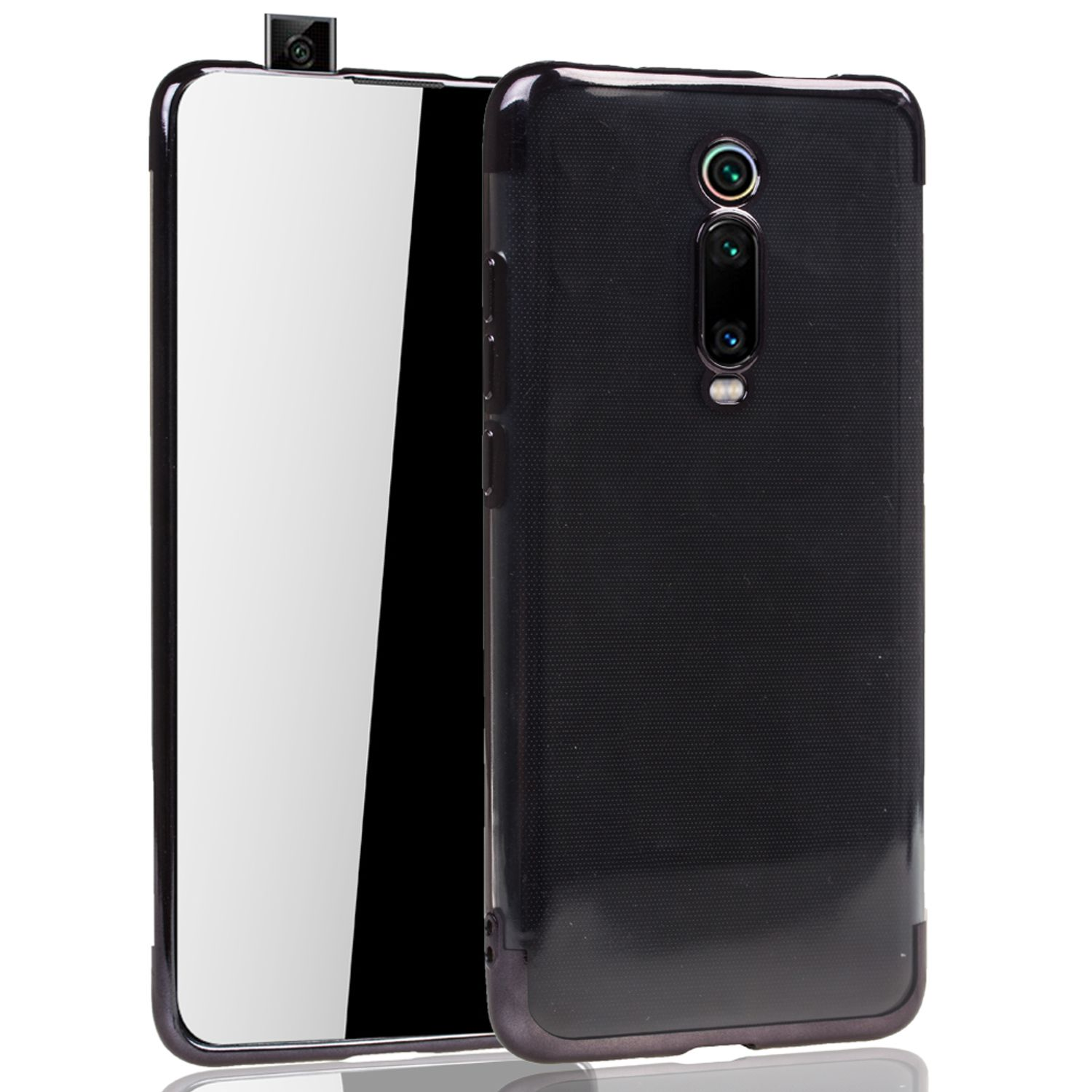 Schwarze Handyhülle, das Telefon hat einen schwarzen Bildschirm und eine Kamera oben.