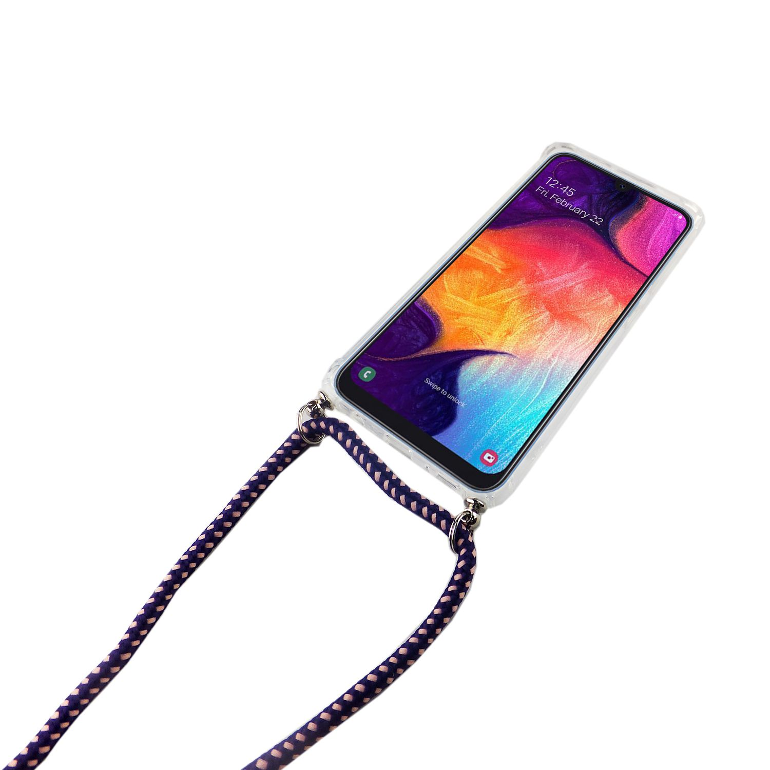 Ein Telefon mit einem angebrachten Schlüsselband, vor einem weißen Hintergrund.