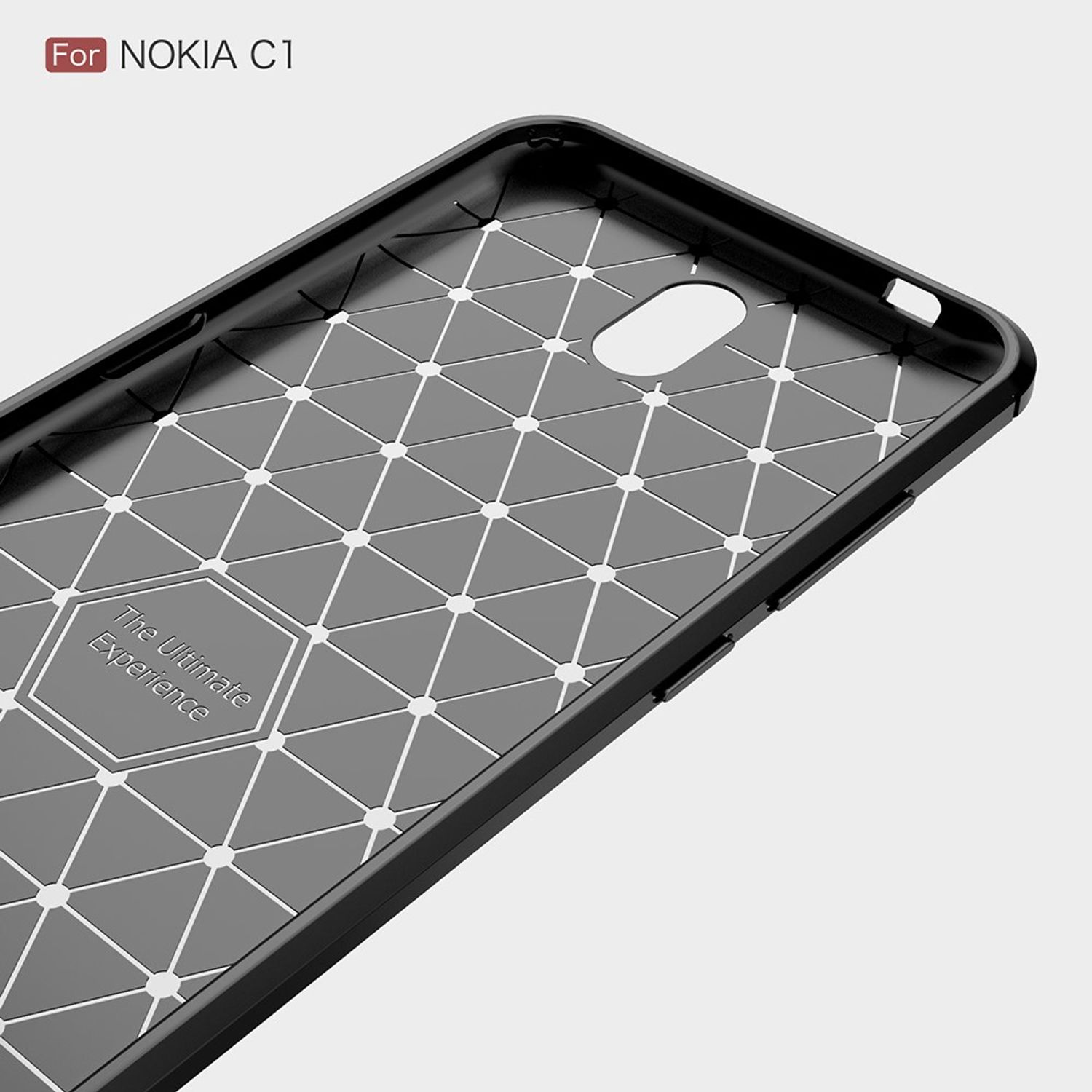 Schwarze Handyhüllenrückseite mit weißem geometrischem Muster. Weißer Hintergrund.