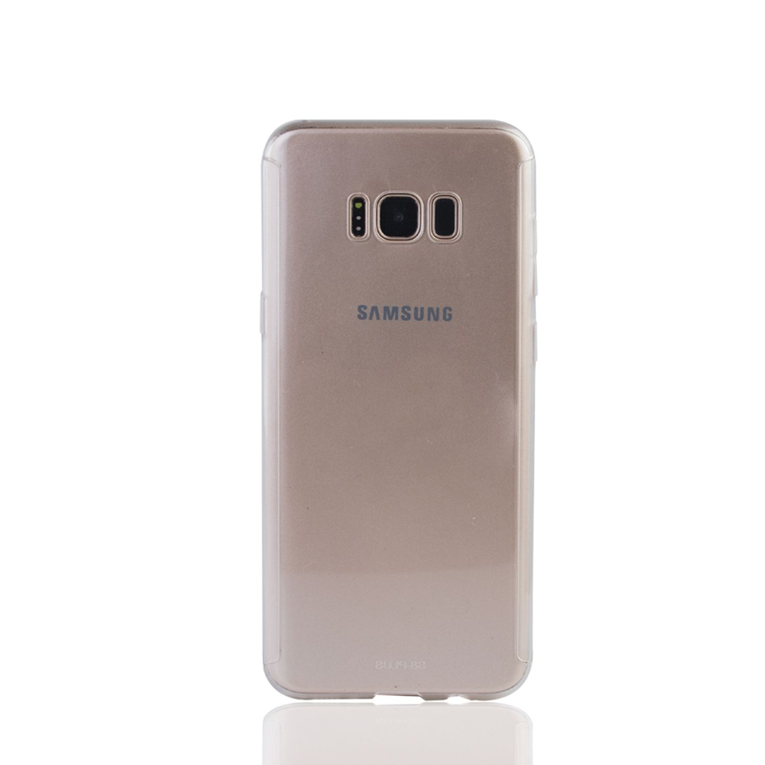 Transparente Handyhülle auf weißem Hintergrund. Samsung-Logo auf der Rückseite sichtbar.