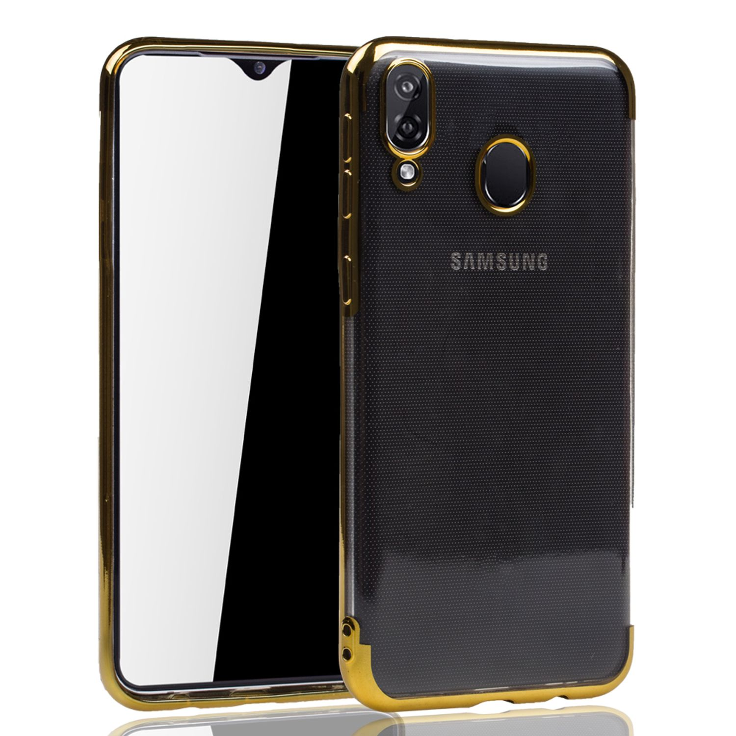 Schwarzes Handy-Case mit goldener Umrandung. Weißer Bildschirm. Samsung Logo hinten.