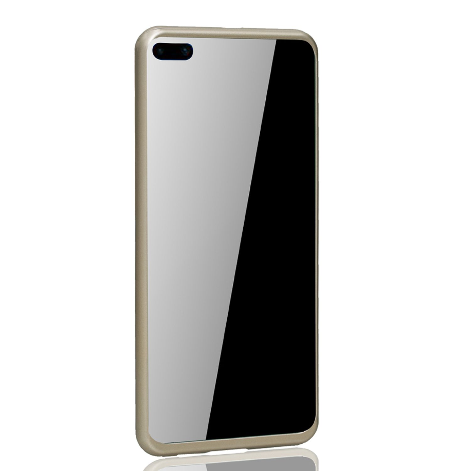 Smartphone-Hülle mit spiegelähnlicher Oberfläche. Goldener Besatz.