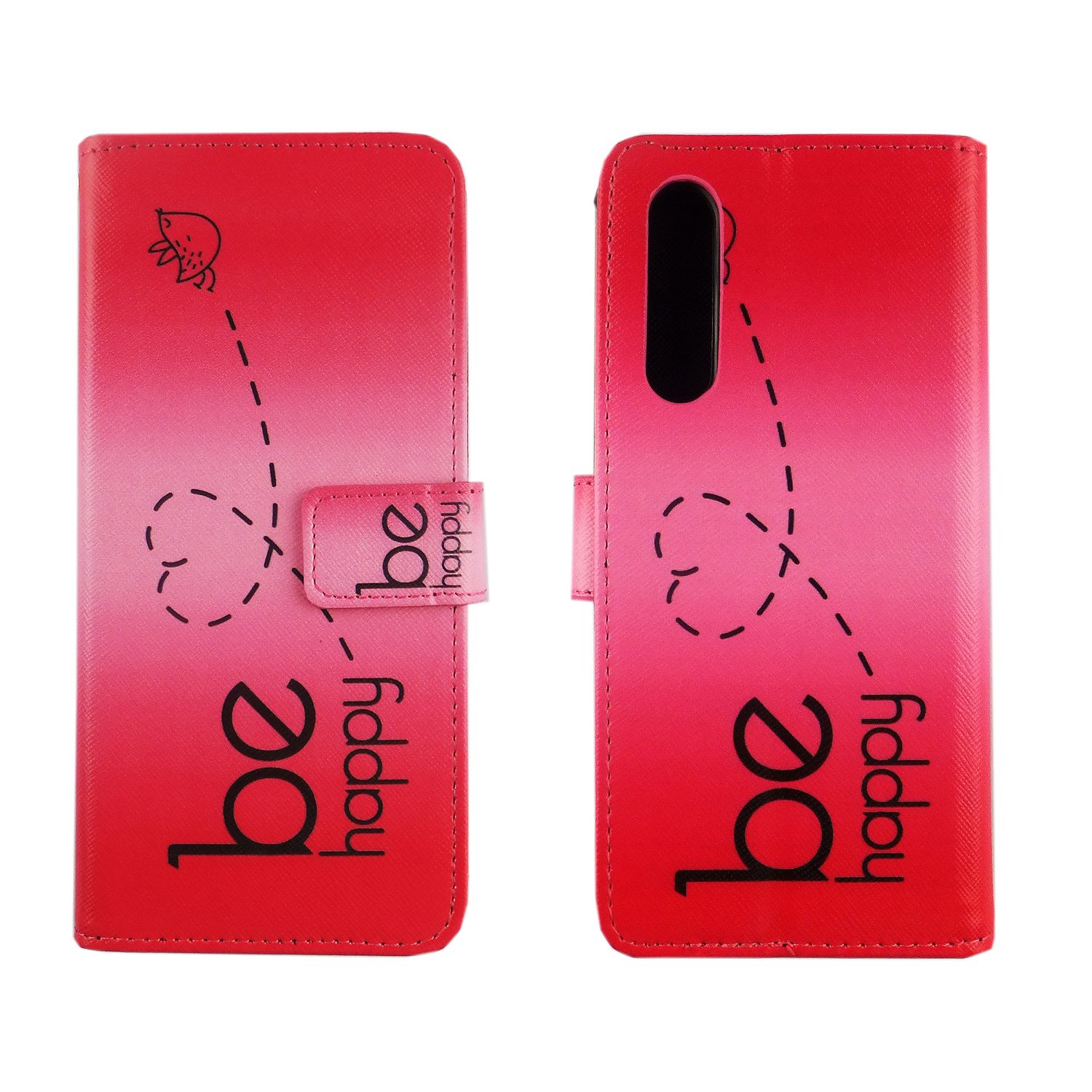 Rotes Handycase mit rosa Text "be happy" und Erdbeerkontur.