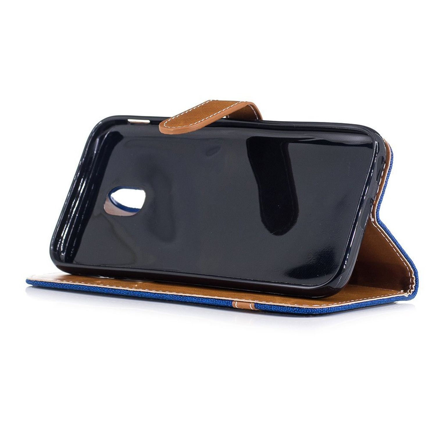Handyhülle. Das Telefon ist innen. Die Hülle ist blau und braun. Weißer Hintergrund.