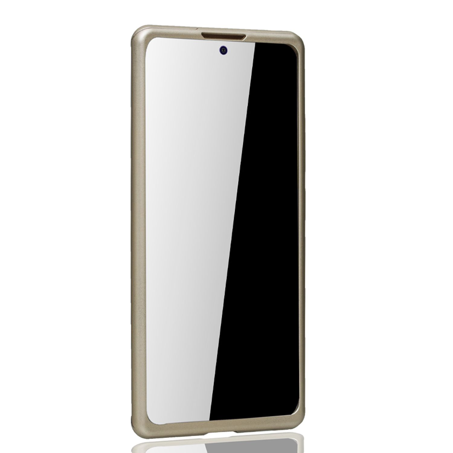 Eine goldene Handyhülle mit einem Telefon. Der Telefonbildschirm ist schwarz. Das Gehäuse ist goldfarben und reflektiert Licht.