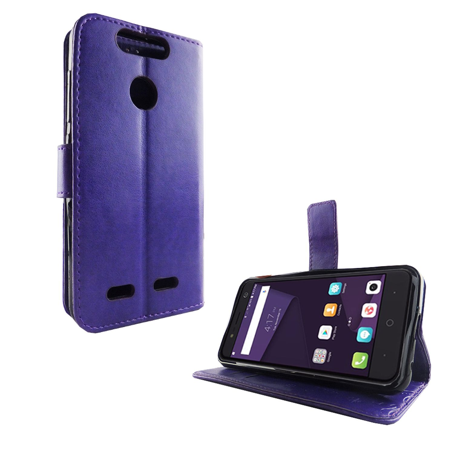 Lila Handyhülle mit Telefon darin. Das Telefon zeigt einen App-Bildschirm. Die Hülle hat einen Ständer.