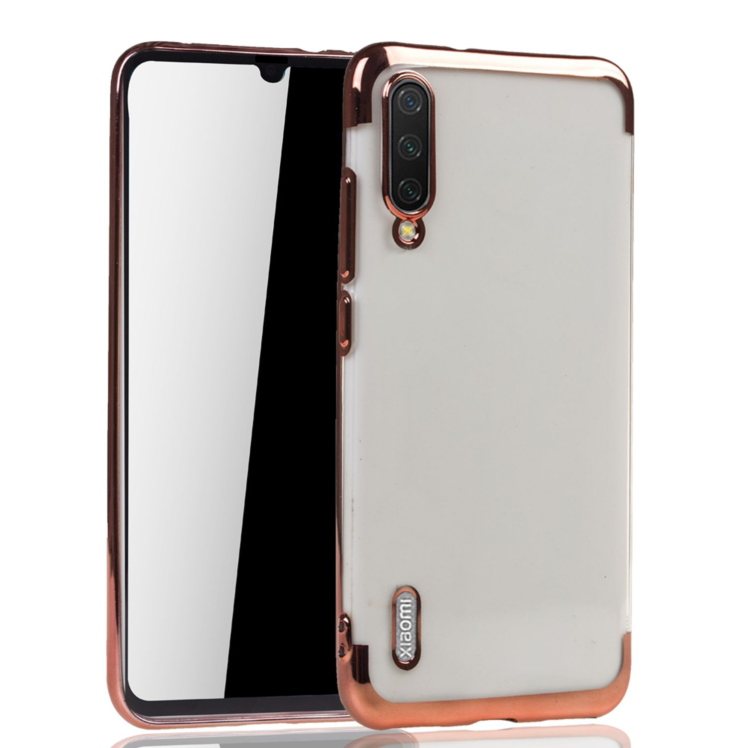 Weiße Handyhülle mit roségoldfarbenem Rahmen. Telefon darin. Xiaomi Logo.