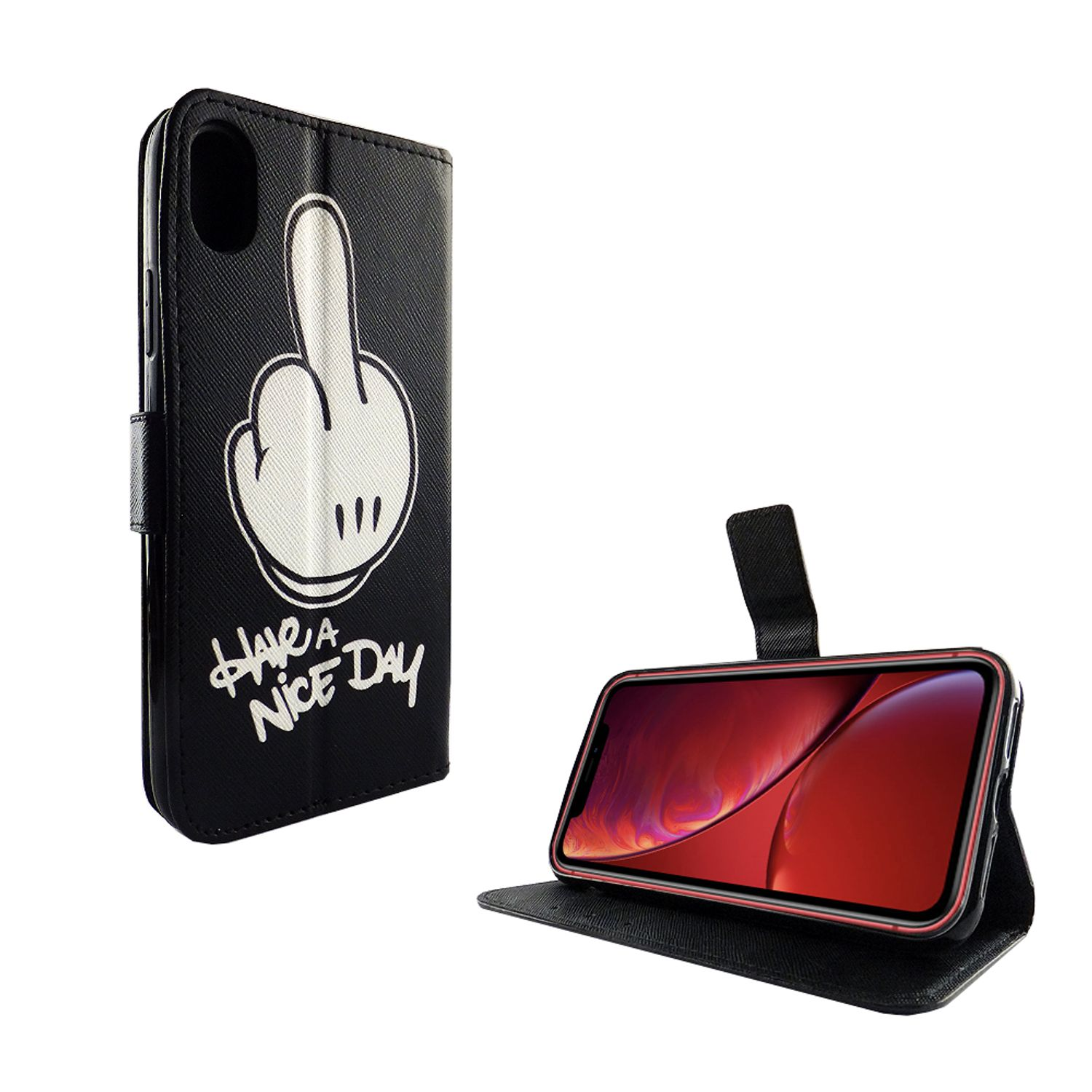 Schwarze Handyhülle mit Mickey-Mouse-Handgeste und Text 'Have a Nice Day'. Telefon ist rot.