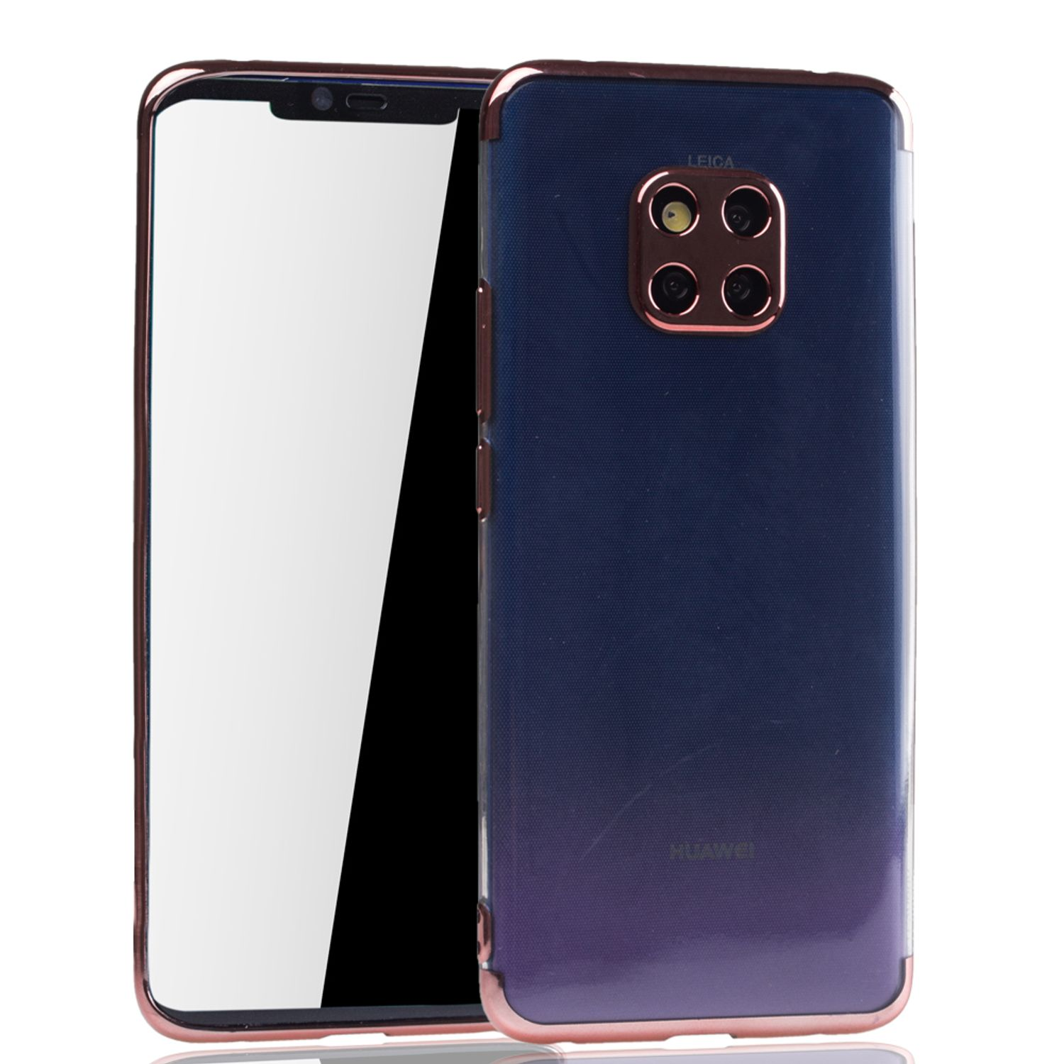 Handyhülle mit dunkelblauem Rücken und rosa Kanten. Das Telefon zeigt einen weißen Bildschirm.