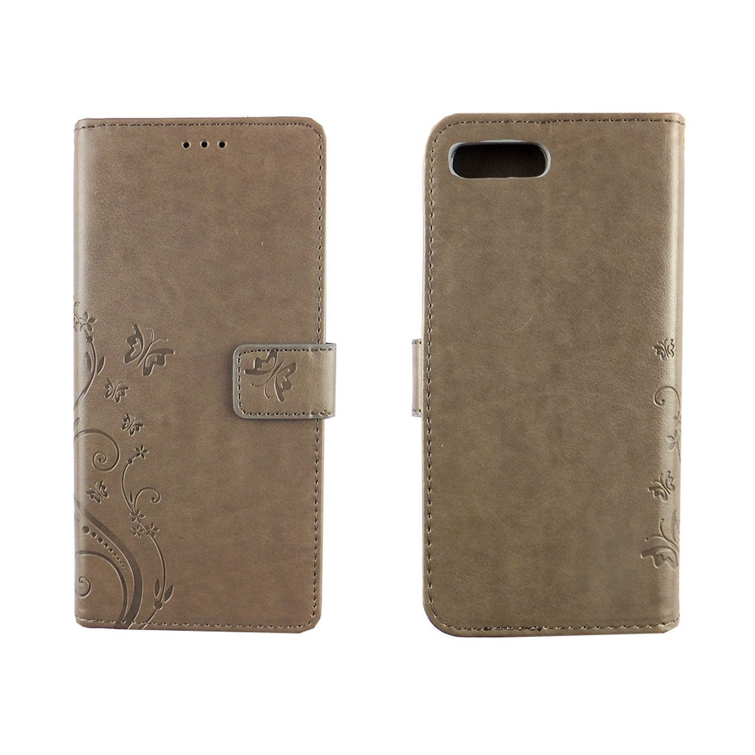 Braune Handyhülle mit floralem Design, geschlossen und geöffnet, um das Telefon zu zeigen.
