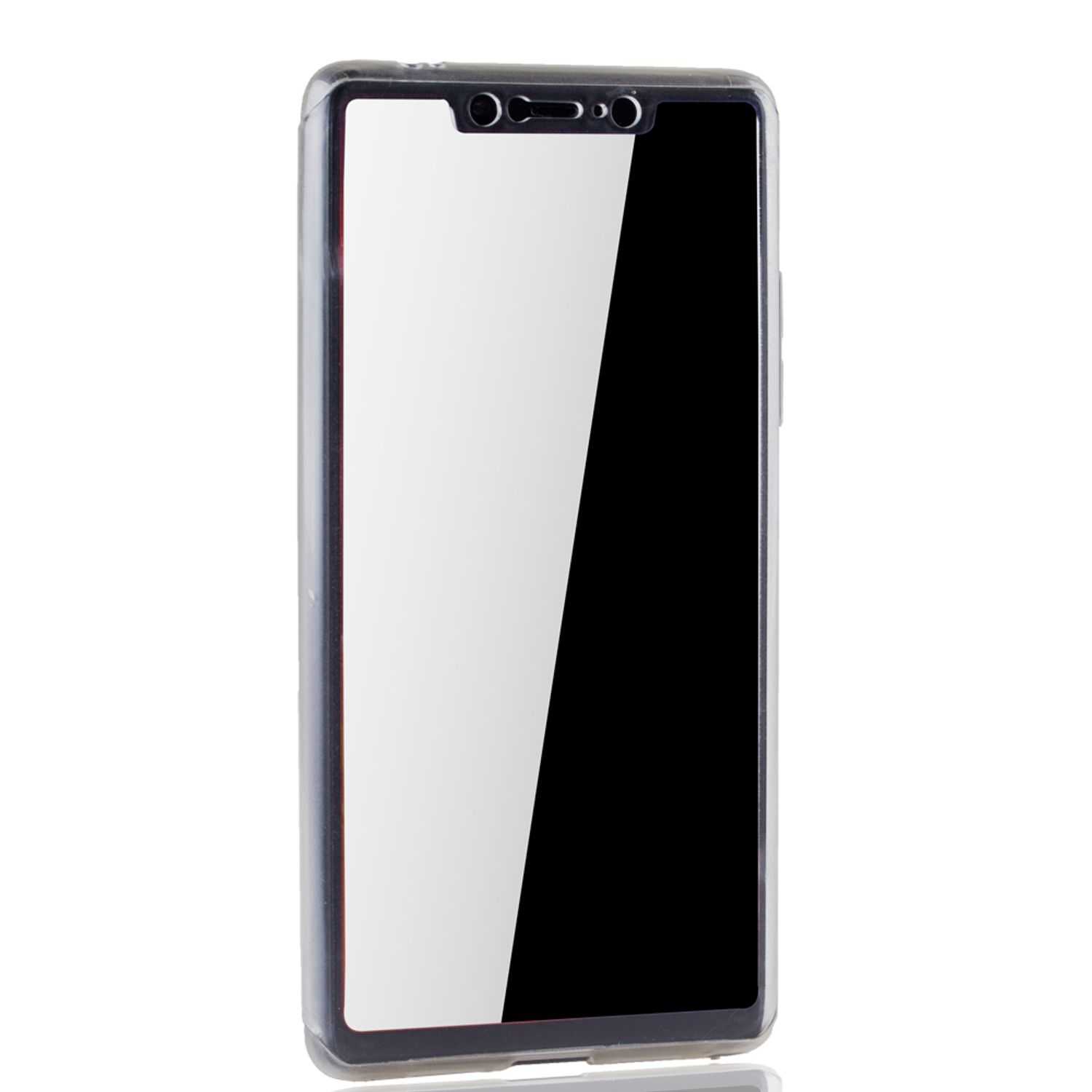 Telefon in einer transparenten Hülle. Der Bildschirm des Telefons ist schwarz.