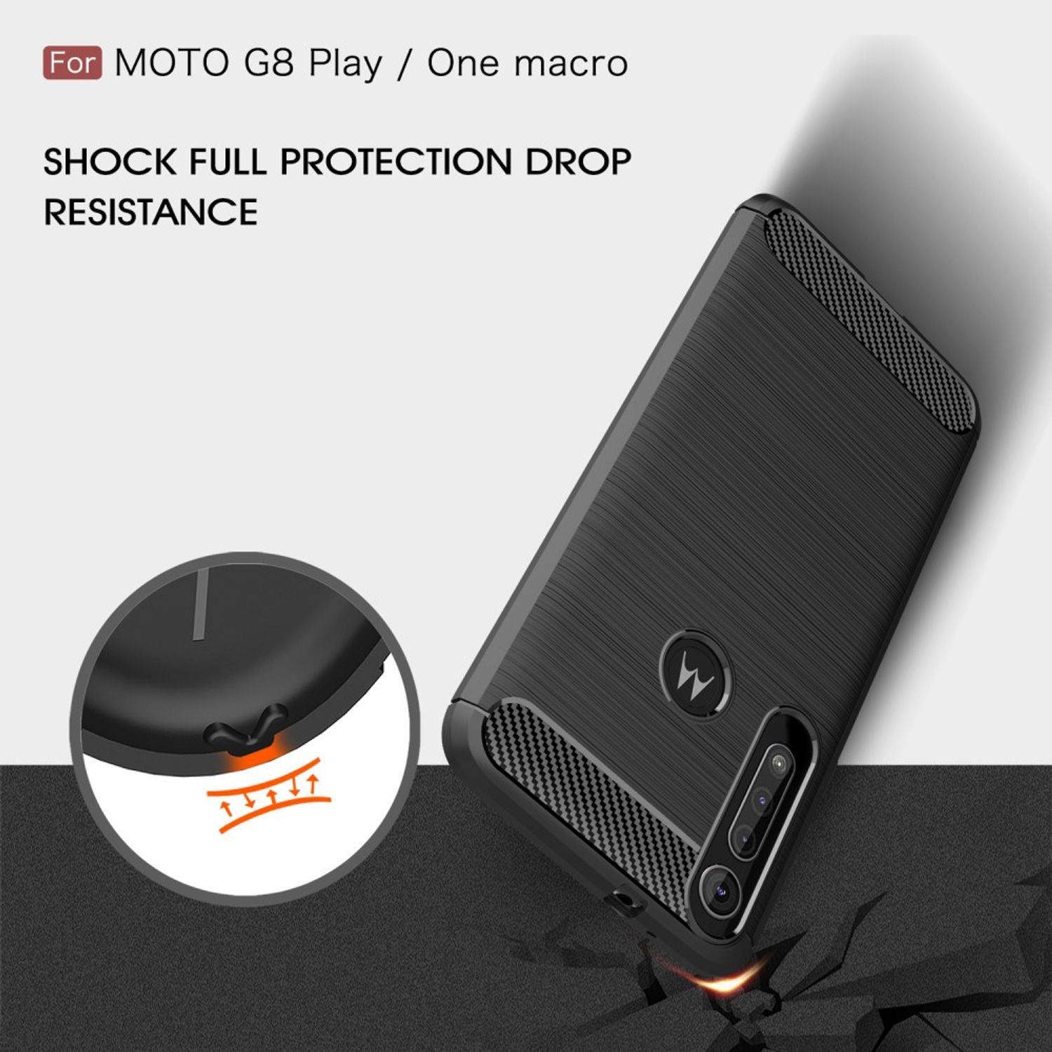 Schwarze Handyhülle für Moto G8 Play. Text: 'Shock full protection drop resistance'.