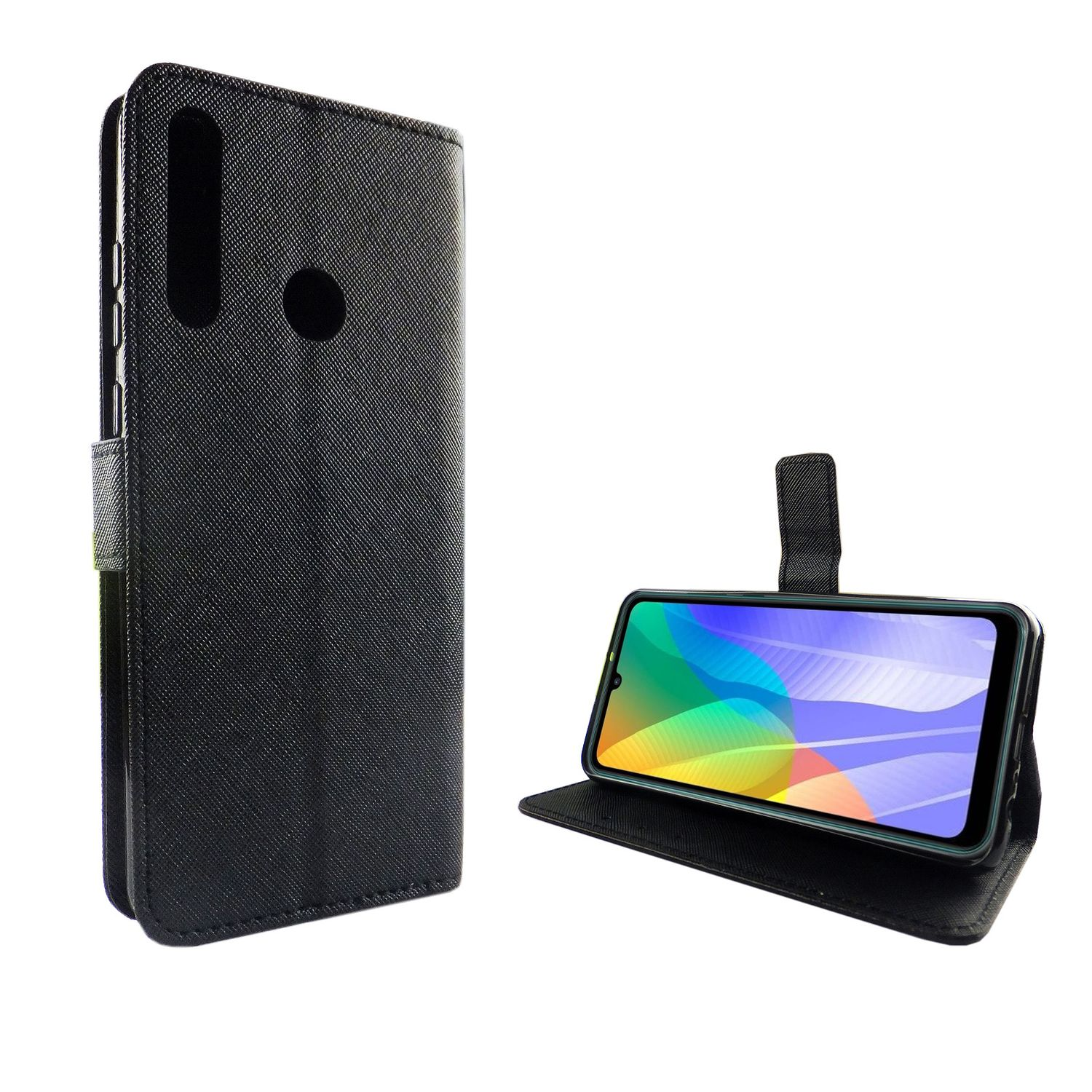 Schwarze Handyhülle. Telefon ist in der Hülle geöffnet.