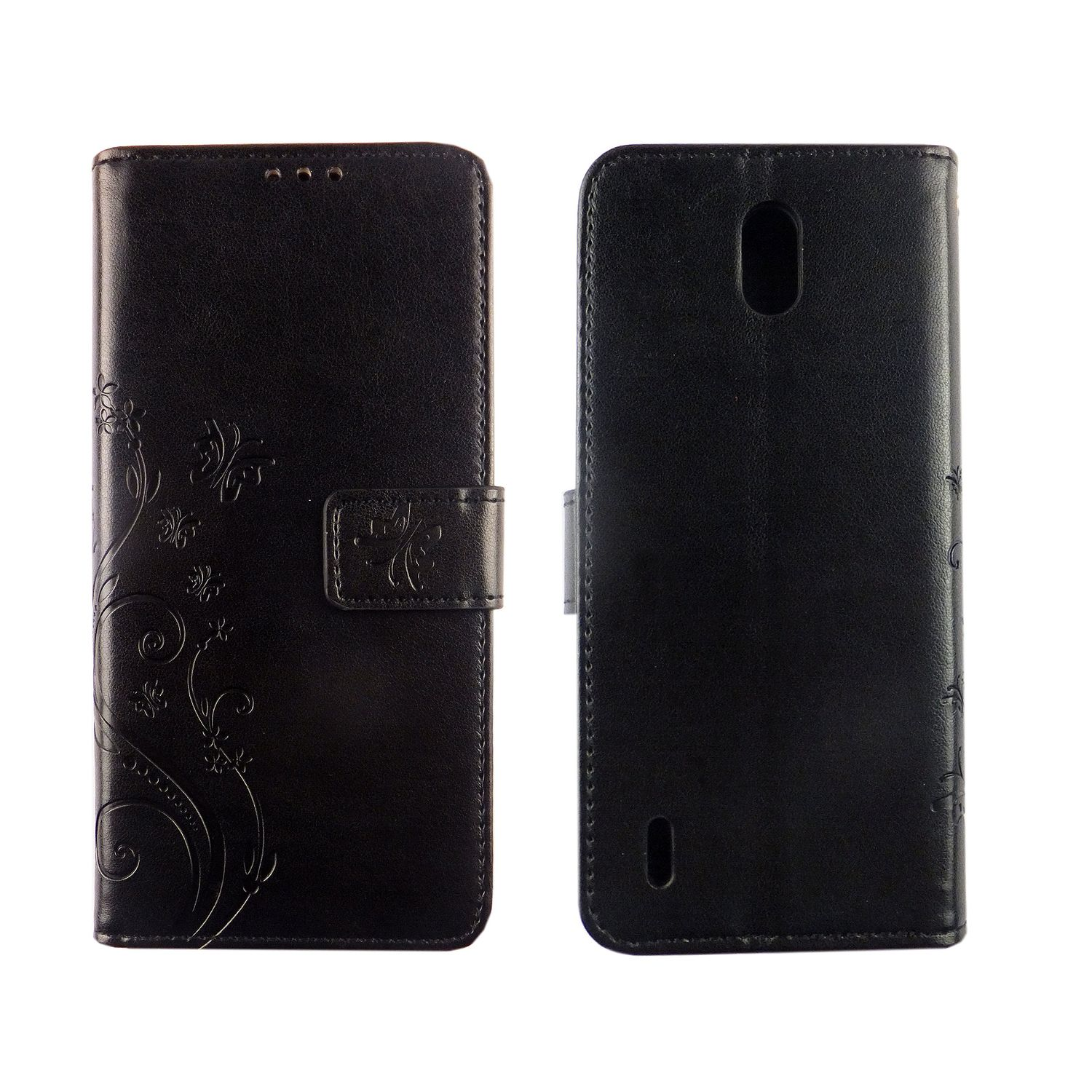 Schwarze Handyhülle, geöffnet, um das Telefon zu zeigen. Blumendesign auf der linken Seite, ein Verschluss rechts.