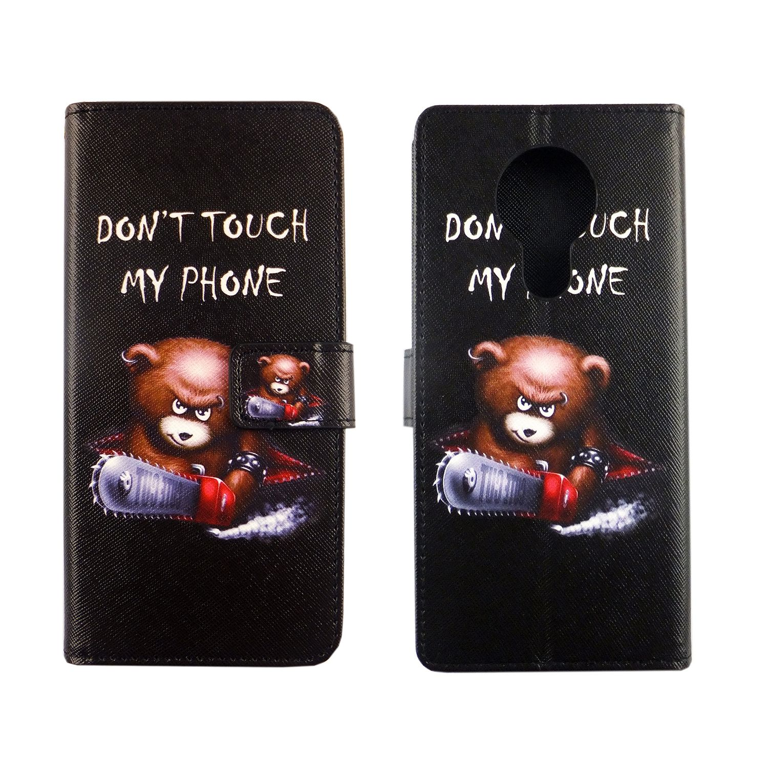 Schwarze Handyhülle mit wütendem Bären und Text "DON'T TOUCH MY PHONE".