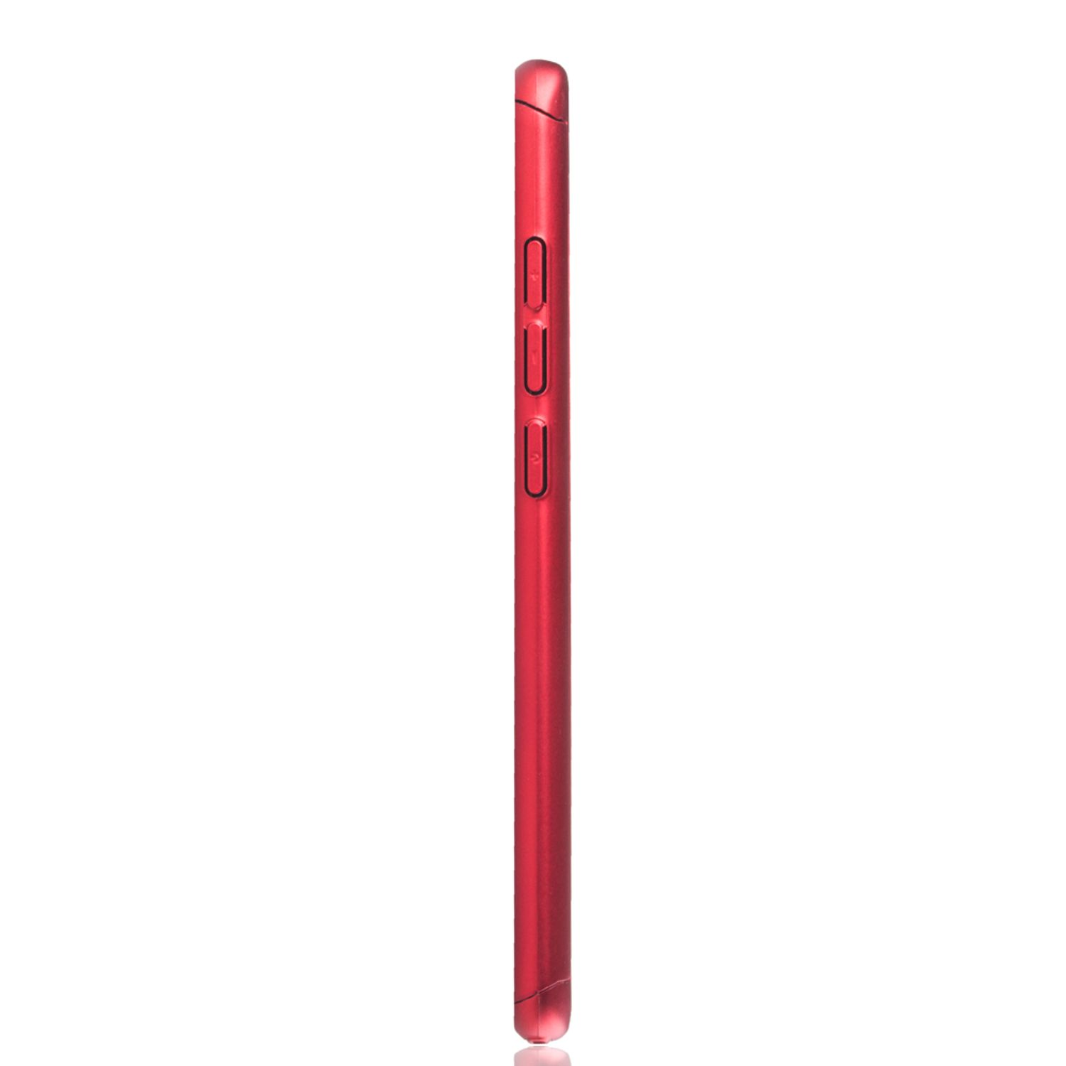 Rotes Telefon von der Seite, mit Knöpfen an der Seite.