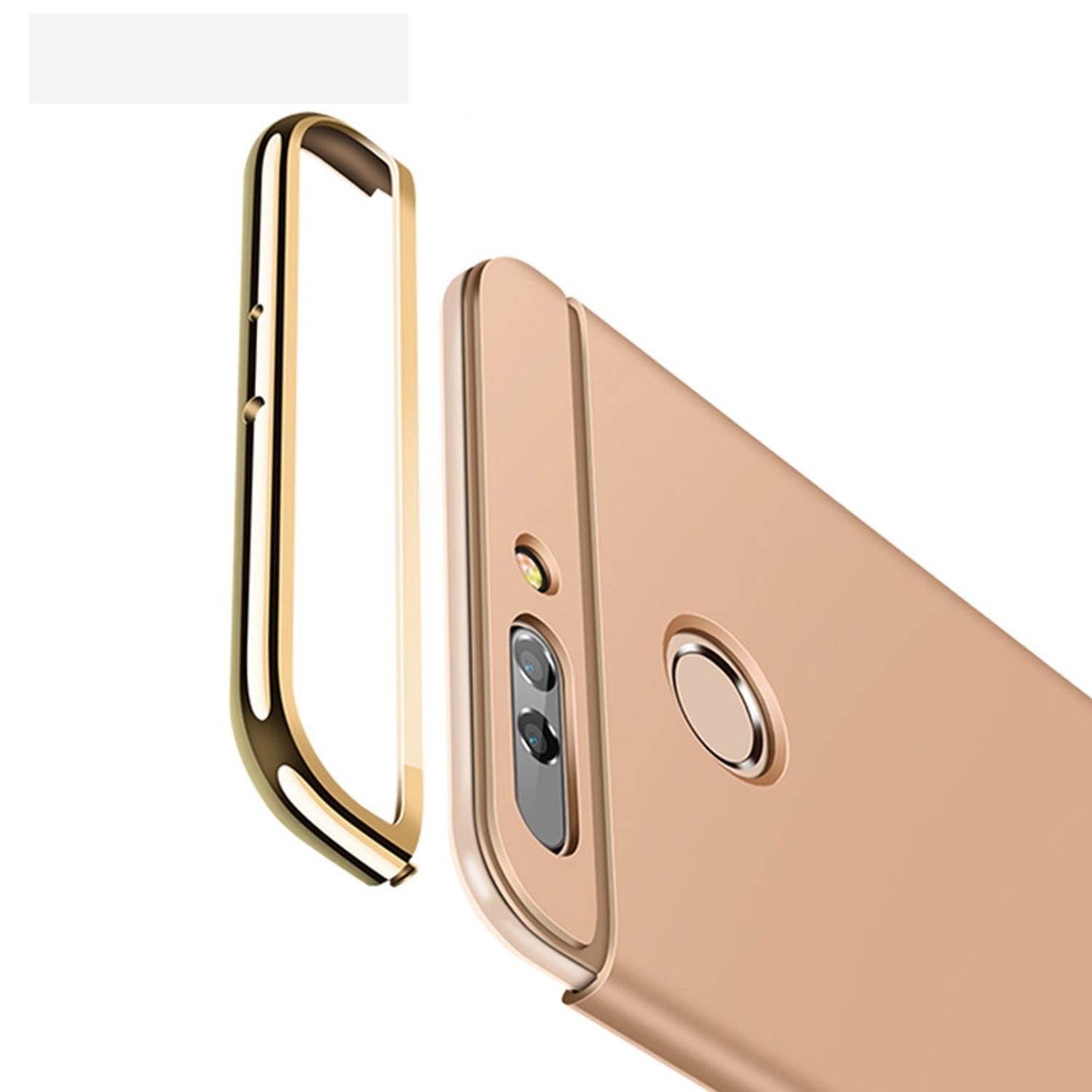 Handyhülle mit goldenem Rahmen und pinkfarbenem Telefon. Weißer Hintergrund.