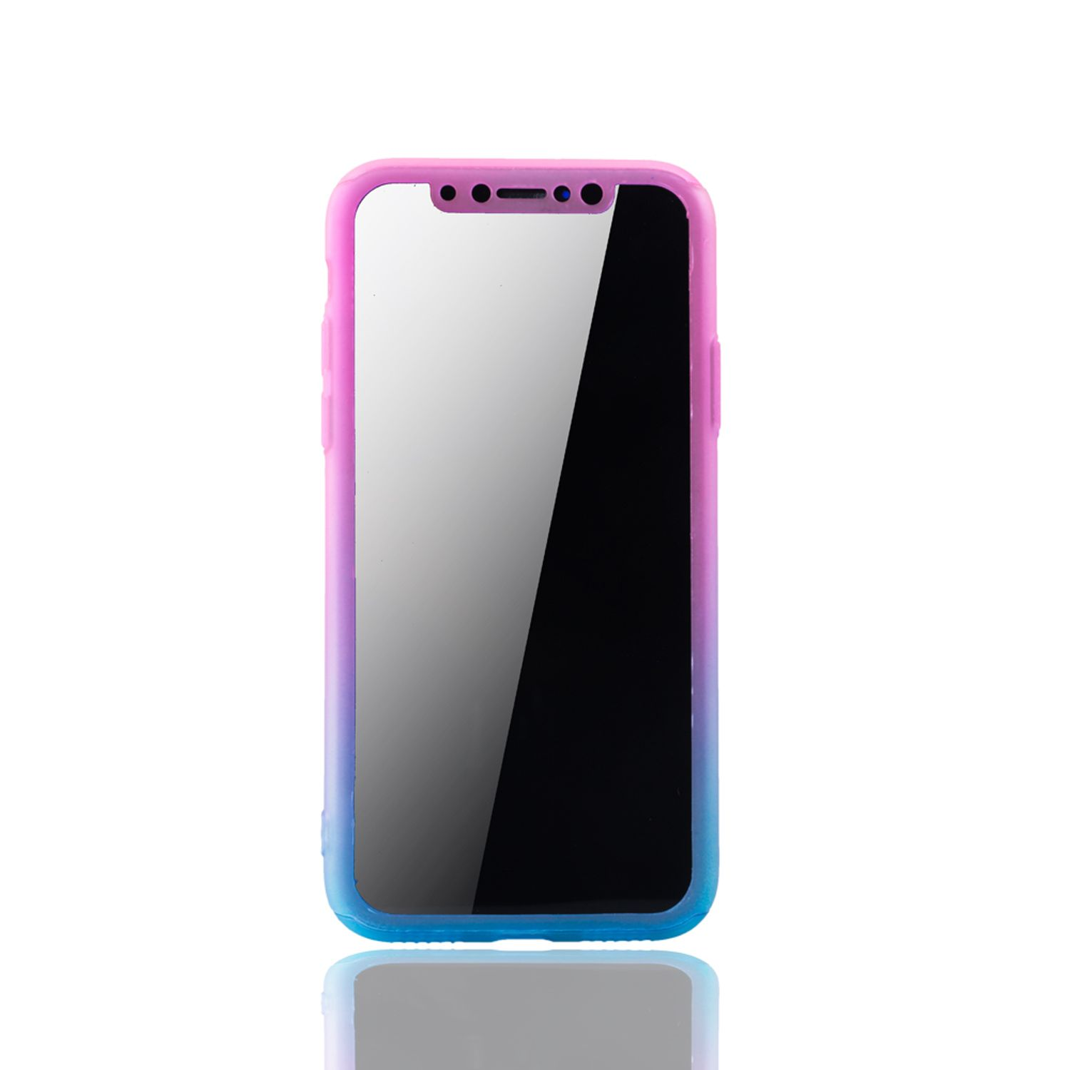 Ein Telefon in einer Hülle mit pink, lila und blauem Farbverlauf, auf weißem Hintergrund.