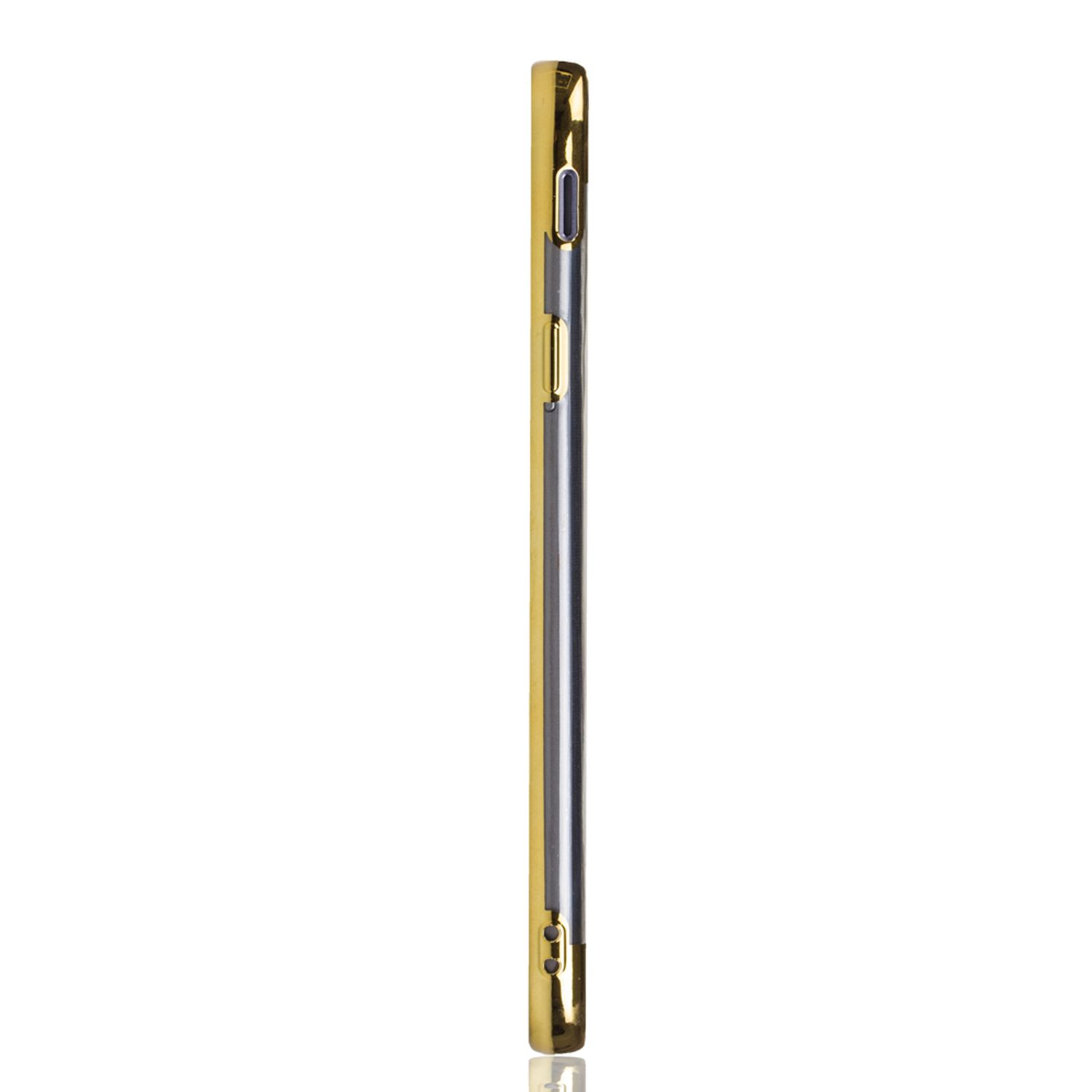 Eine goldene und silberne Handyhülle von der Seite gesehen. Die Ränder sind gold und die Mitte ist silber.
