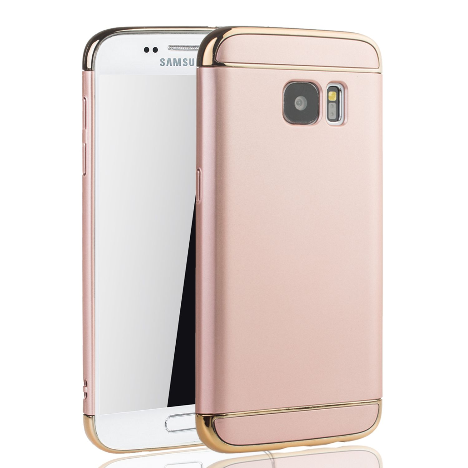 Roségoldene Handyhülle mit Telefon. Das Telefon hat einen weißen Bildschirm und einen goldenen Rand.