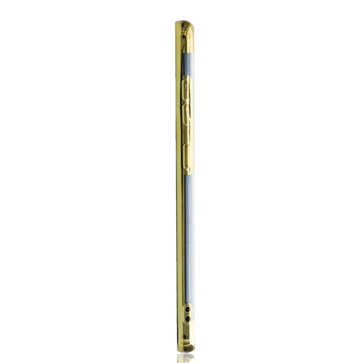 Goldenes Telefon, Seitenansicht, mit Knöpfen und Löchern.