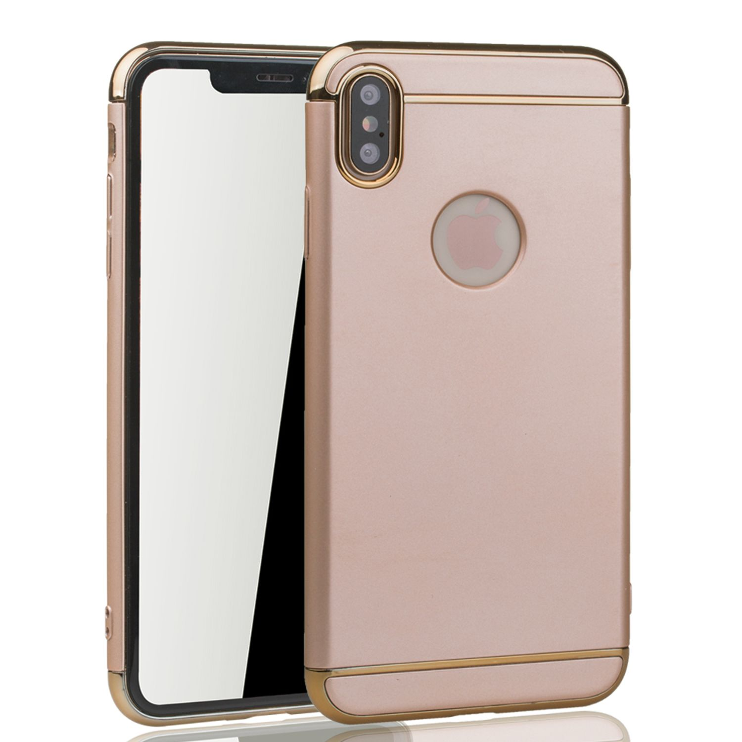 Roségoldene Handyhülle mit Telefon darin. Weißer Hintergrund.