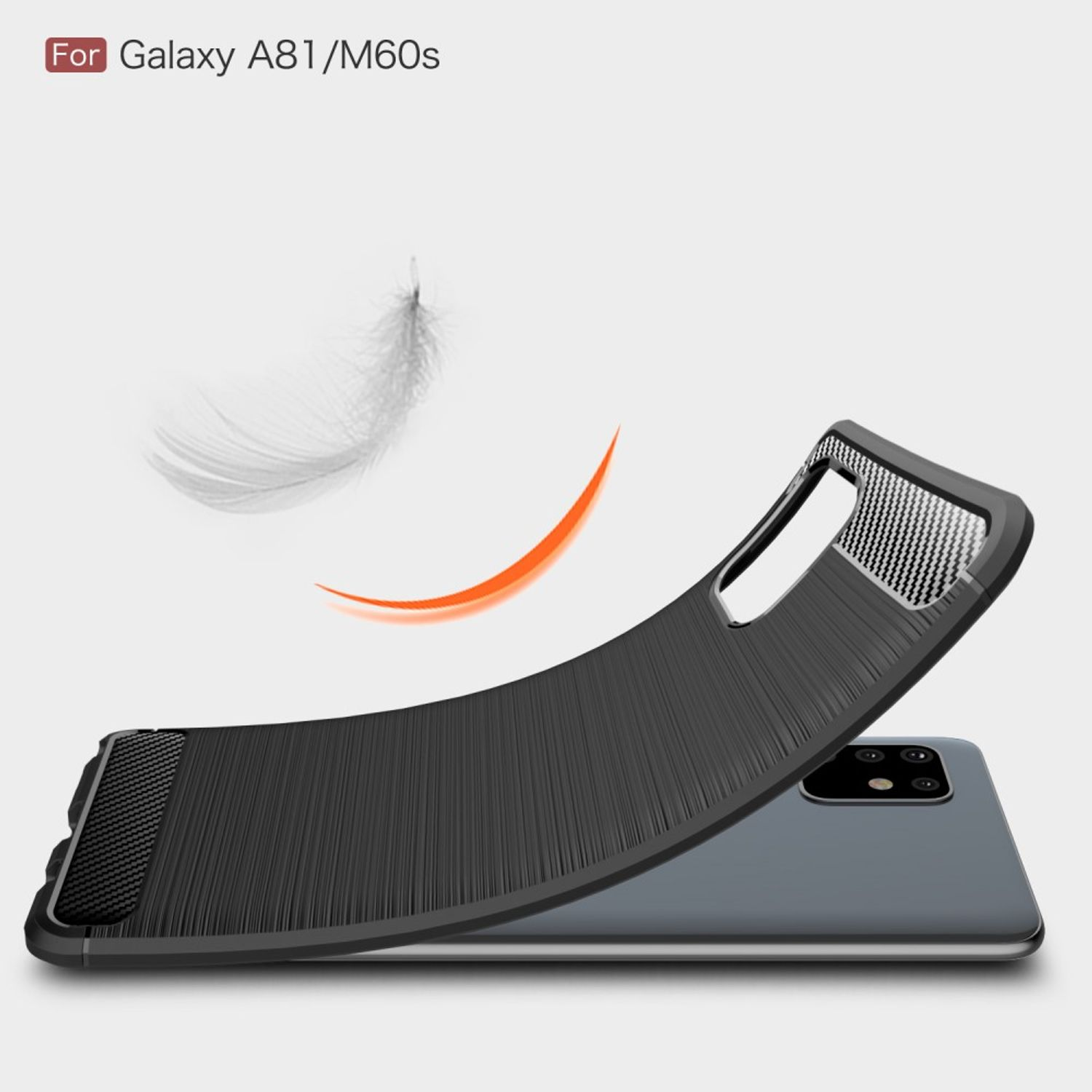Schwarze Handyhülle biegt sich, mit Feder und orangefarbenem Bogen. Weißer Hintergrund.