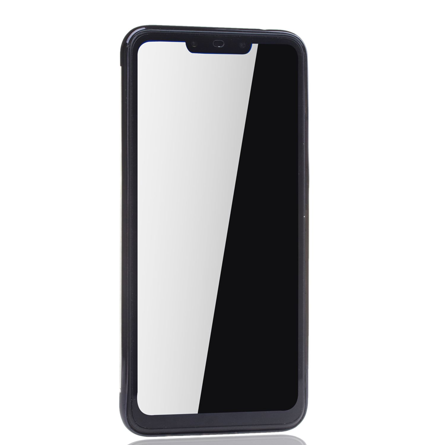 Schwarzes Telefon mit Displayschutzfolie, auf weißem Hintergrund.