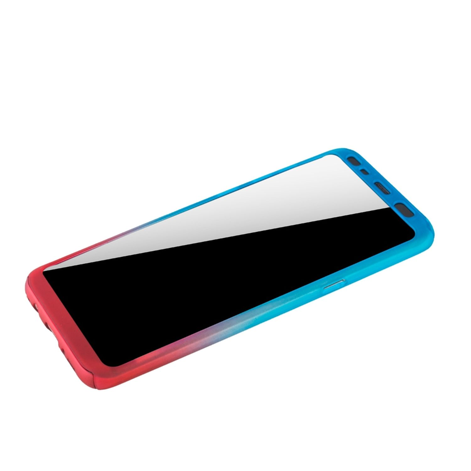 Telefon in Blau und Rot gehüllt, mit schwarzem Bildschirm.