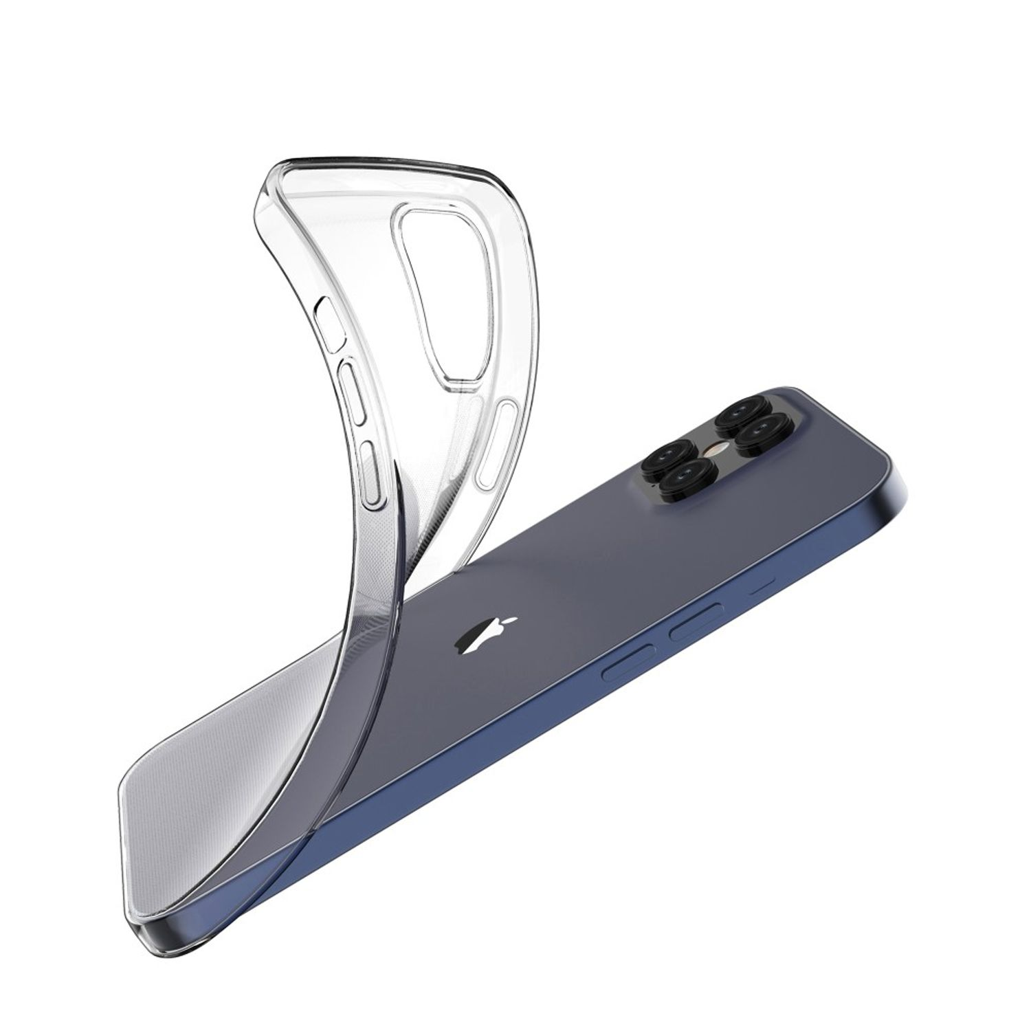 Transparente Handyhülle, die ein blaues Telefon schützt. Die Hülle ist leicht gebogen.