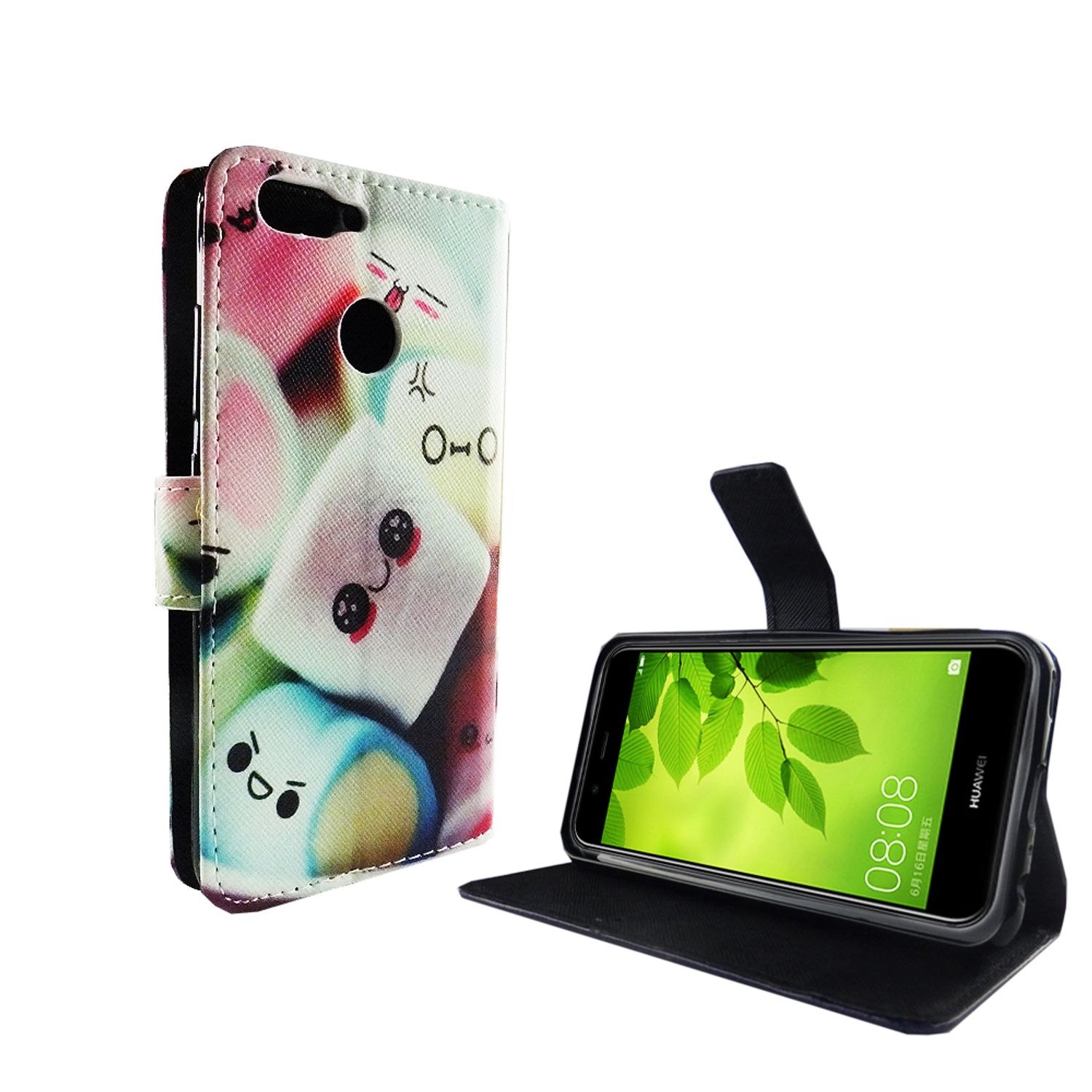 Handyhülle mit Marshmallow-Design, Telefon mit geöffnetem grünem Bildschirm, weißer Hintergrund.