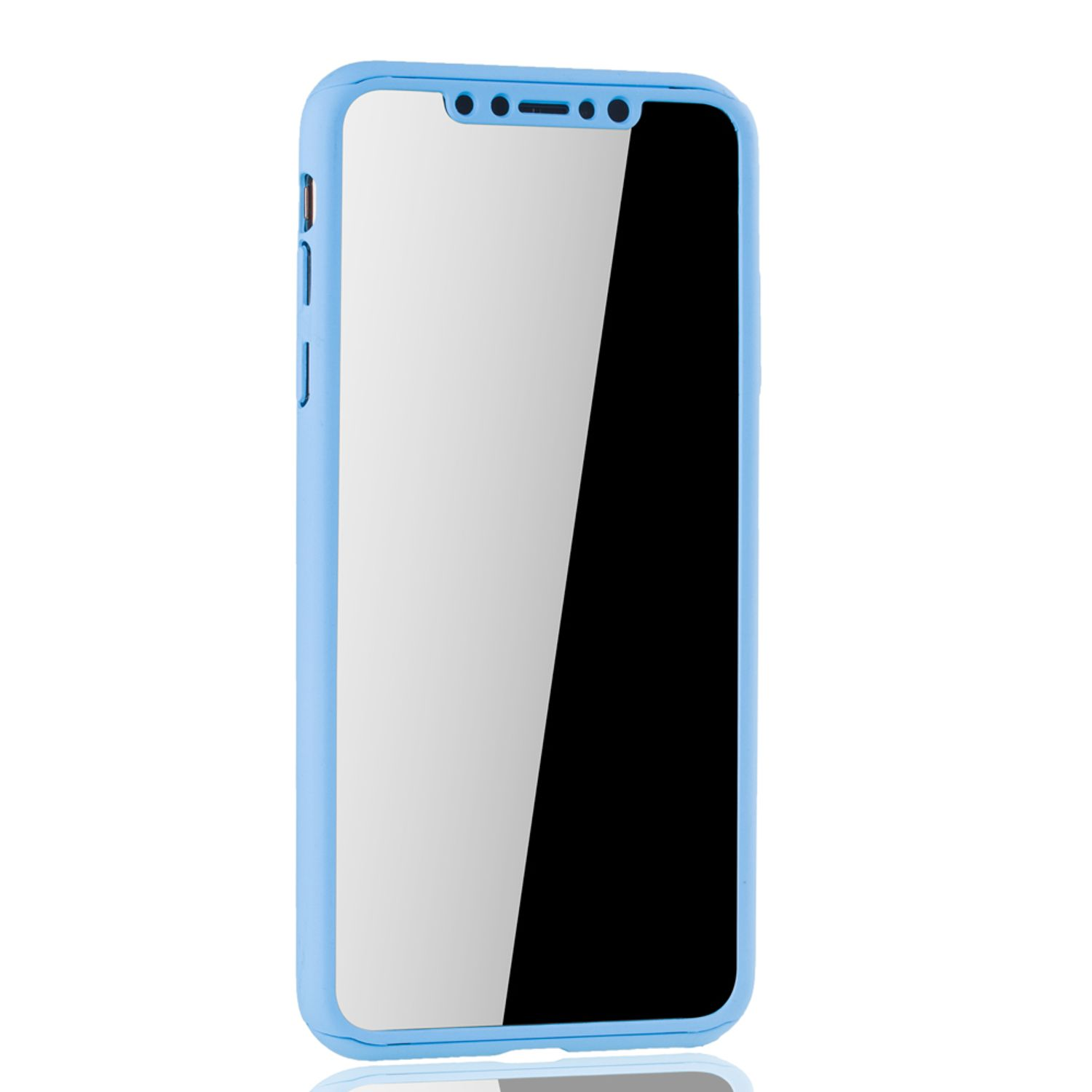 Eine hellblaue Handyhülle mit einem Telefon darin. Der Bildschirm des Telefons ist leer. Es hat ein schlichtes Design.