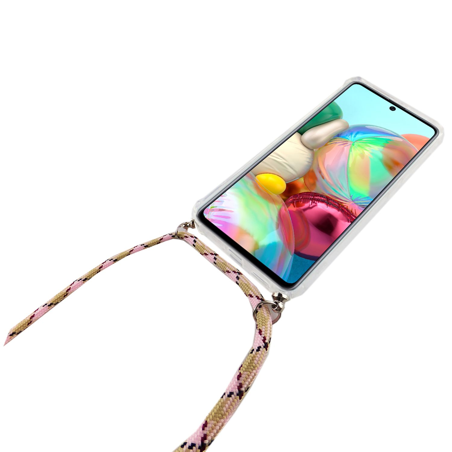 Telefon mit klarer Hülle und pink-braunem Umhängeband, vor weißem Hintergrund.