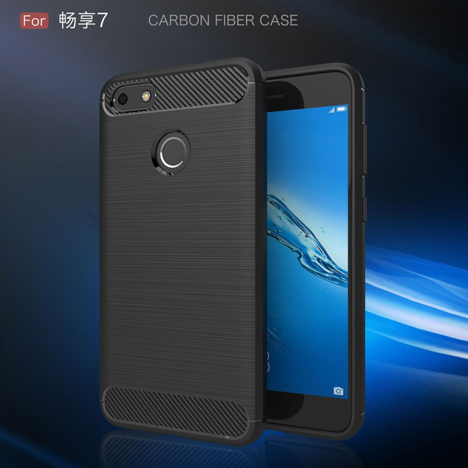 Schwarze Handyhülle mit Carbonfasertextur, Kameraausschnitt und Text "CARBON FIBER CASE".