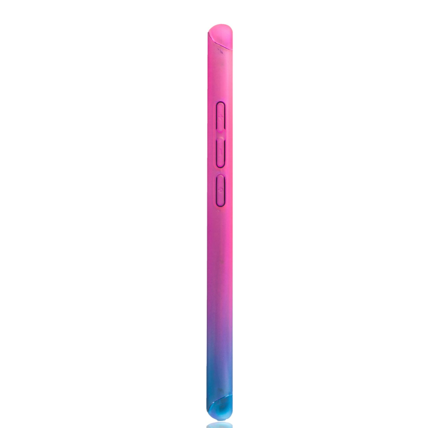 Seitenansicht einer Handyhülle. Farbverlauf von Blau zu Pink, mit Knöpfen an der Seite.