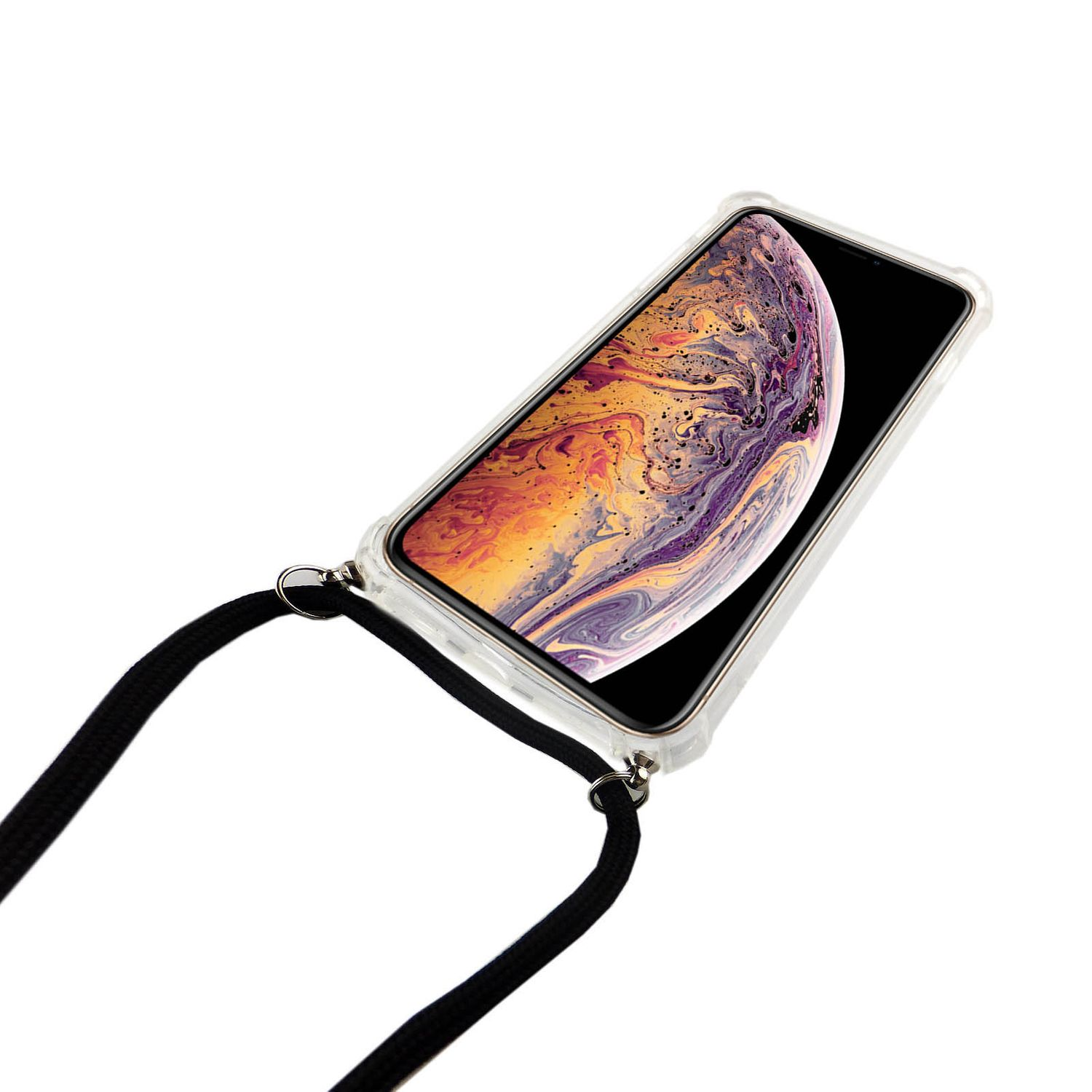 Transparente Handyhülle mit schwarzem Kordel. Das Telefon zeigt ein farbenfrohes Bild.