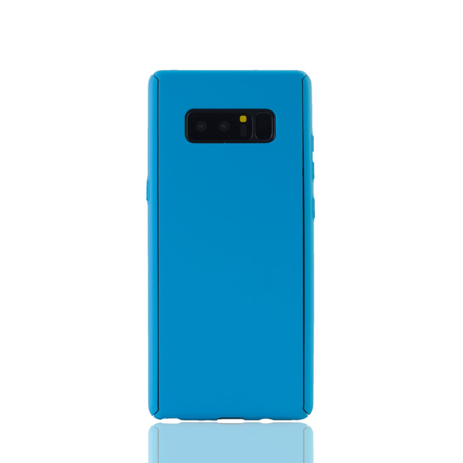 Blaue Handyhülle. Die Rückseite des Telefons hat Kamera und Blitz.