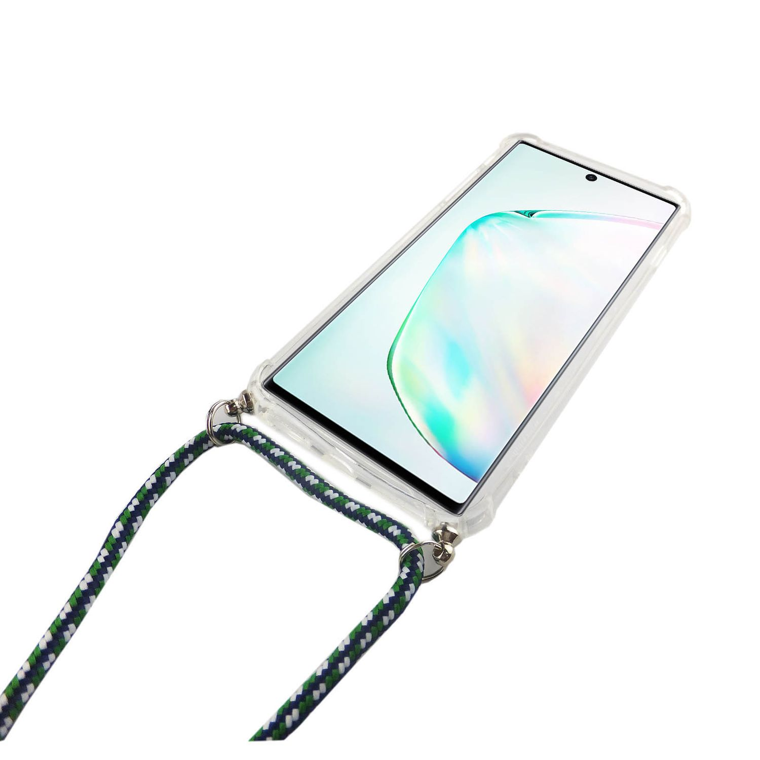 Telefon in einer transparenten Hülle mit Lanyard. Das Telefon ist sichtbar.