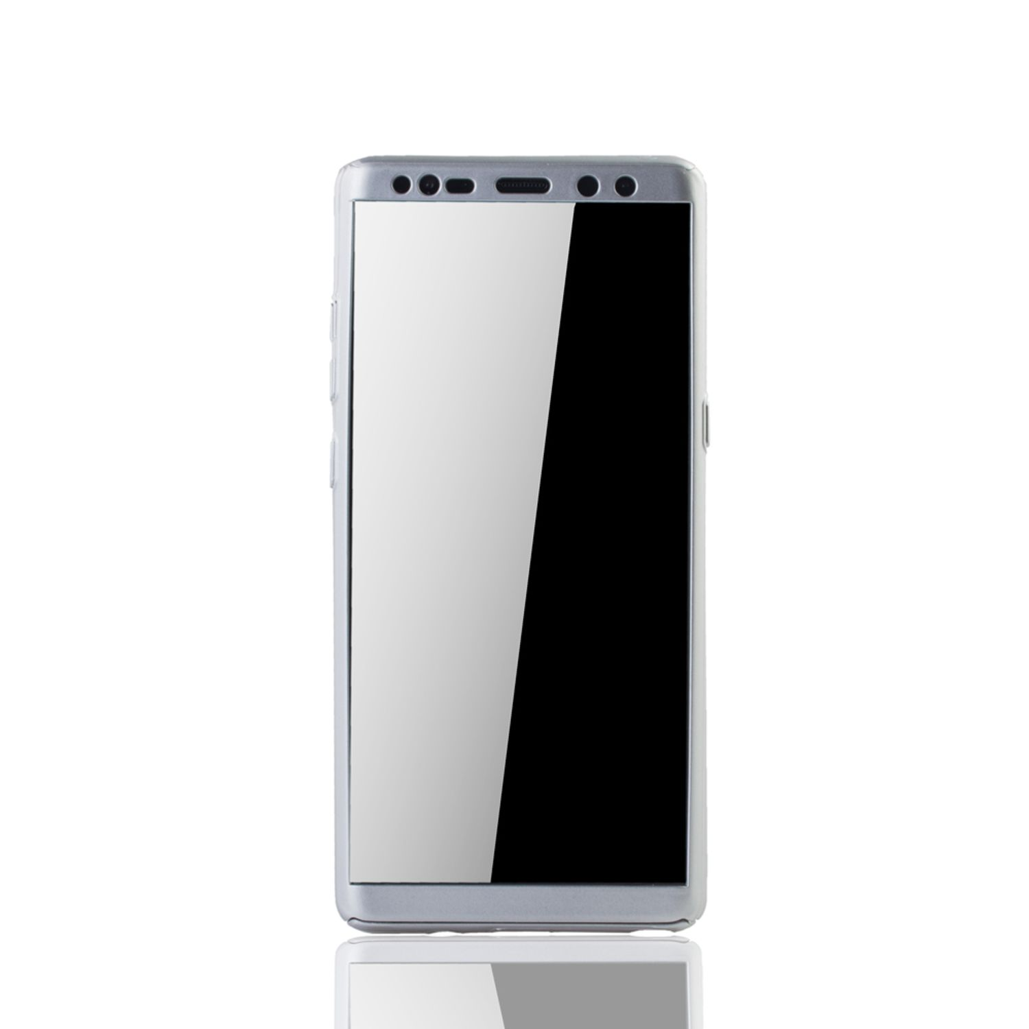 Ein silbernes Smartphone mit schwarzem Bildschirm, isoliert auf weißem Hintergrund.