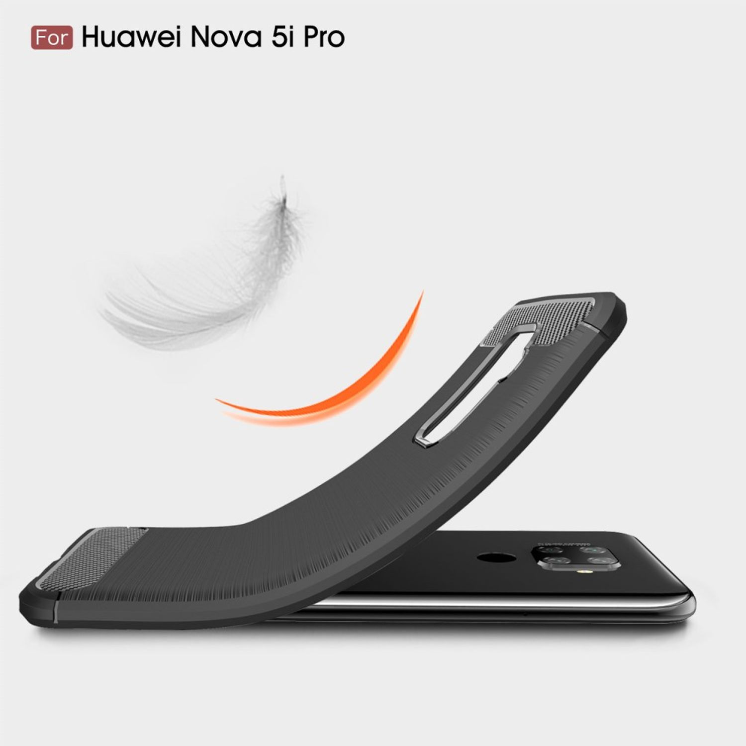 Schwarze Handyhülle mit flexiblem Design. Die Hülle hat eine strukturierte Oberfläche. Text: For Huawei Nova 5i Pro